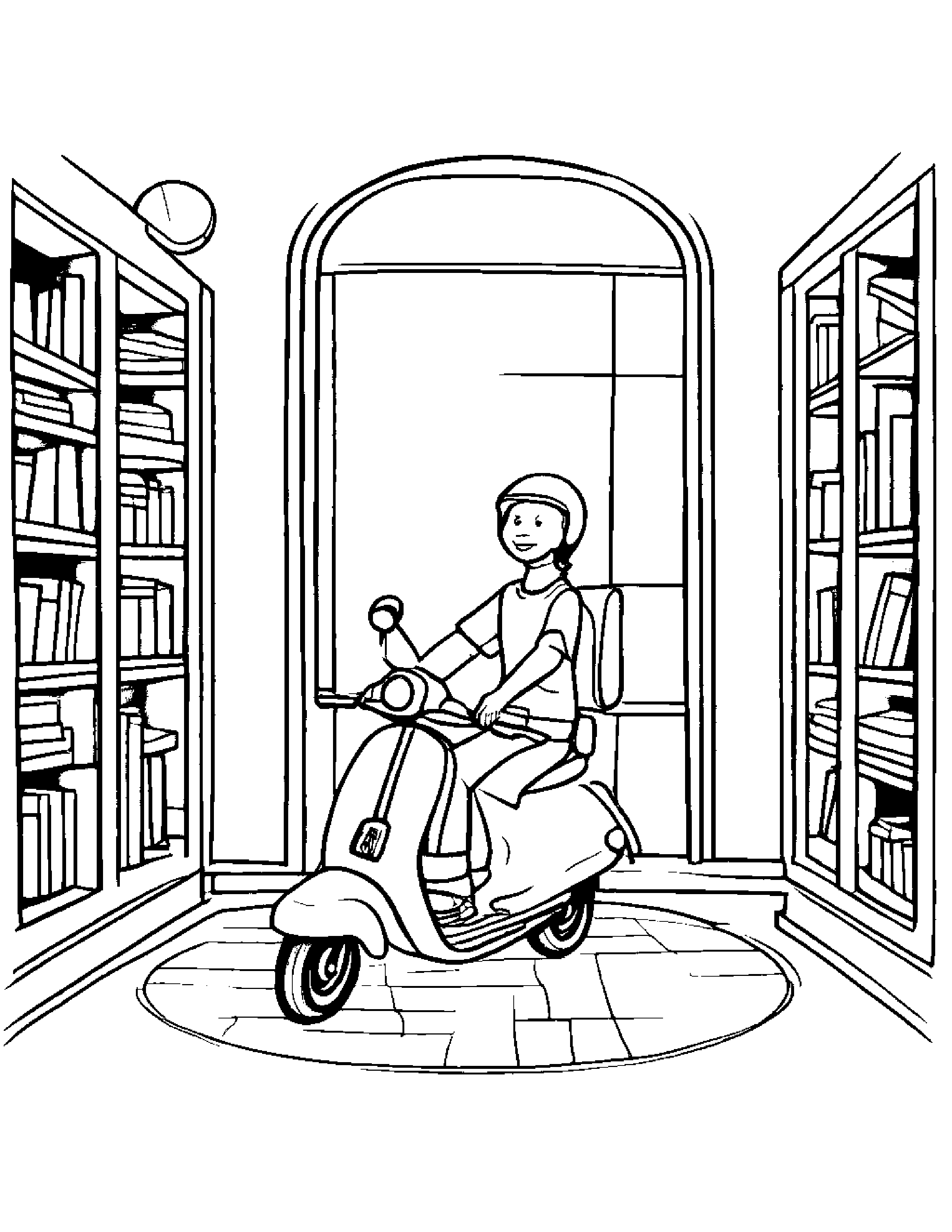 Globe Riding A Scooter By A Reading Nook Coloring Page (Free Printable PDF)