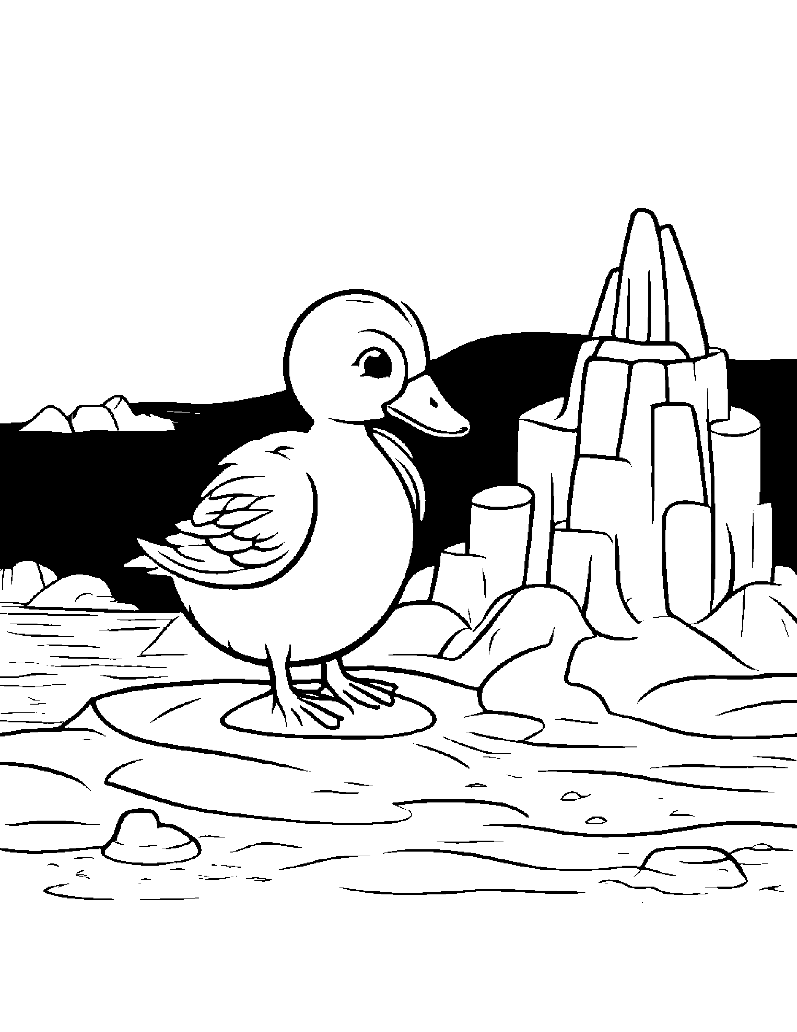 Happy Gosling Building A Sandcastle #3 Coloring Page (Free Printable PDF)