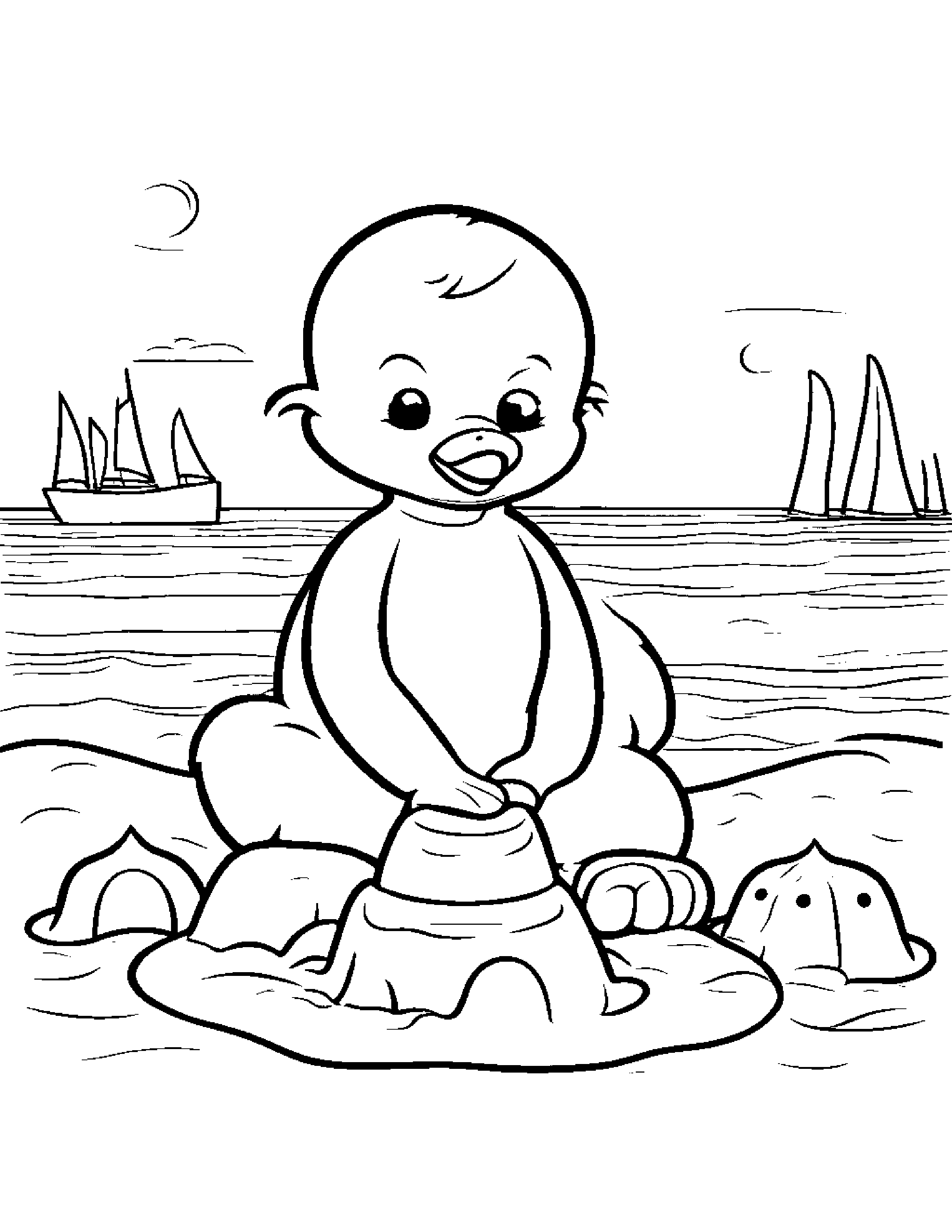Happy Gosling Building A Sandcastle Coloring Page (Free Printable PDF)