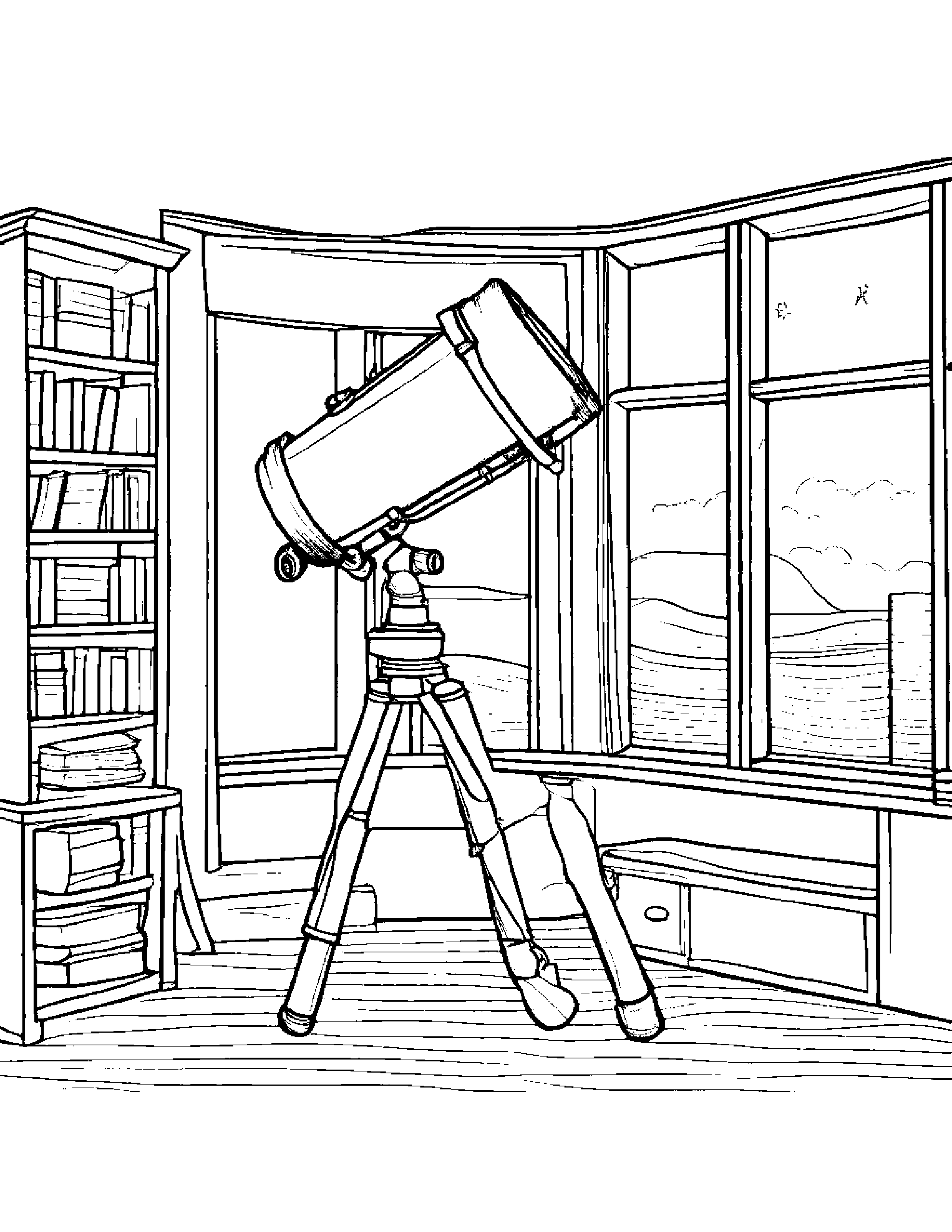 Helpful Telescope By A Reading Nook Coloring Page (Free Printable PDF)
