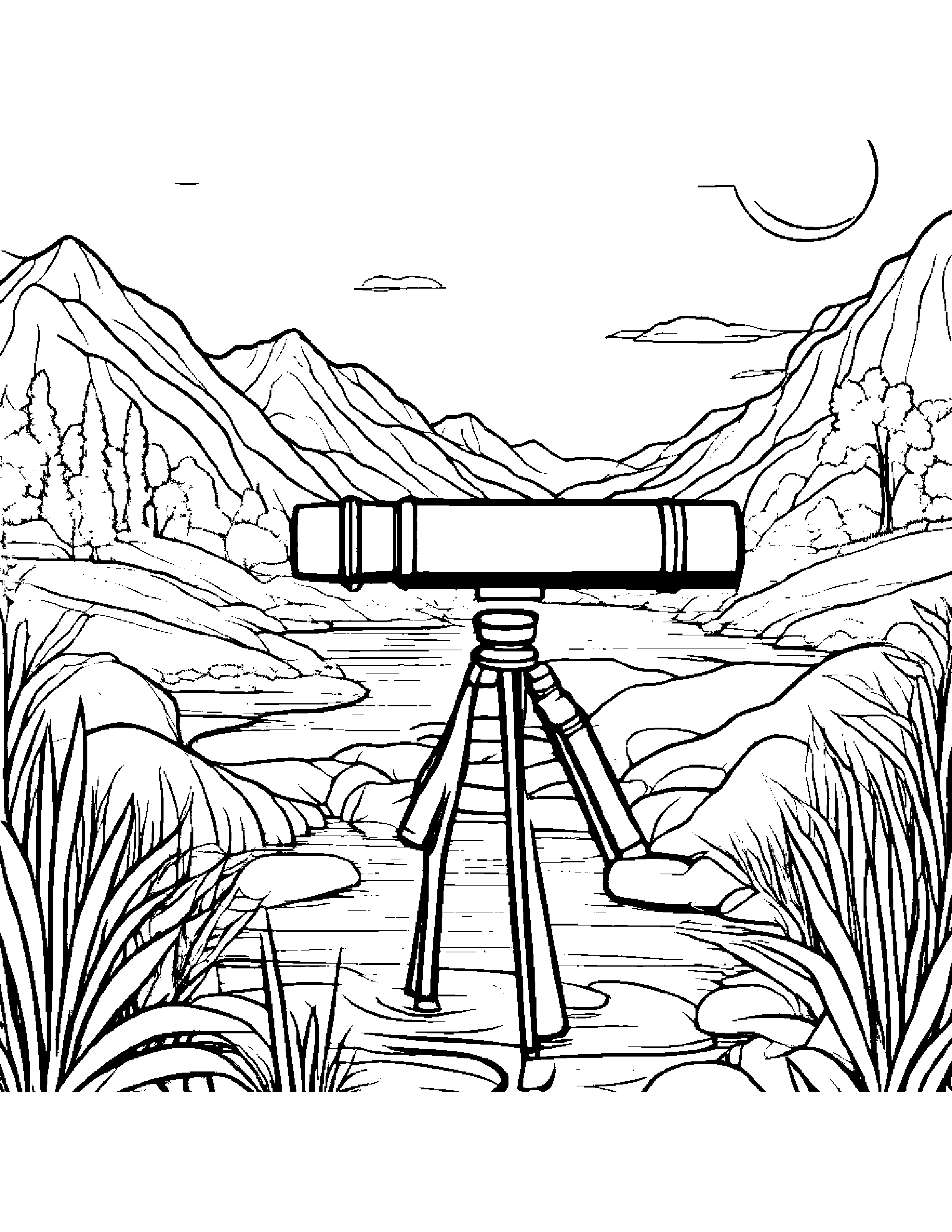 Kind Telescope Near A Gentle Stream #2 Coloring Page (Free Printable PDF)