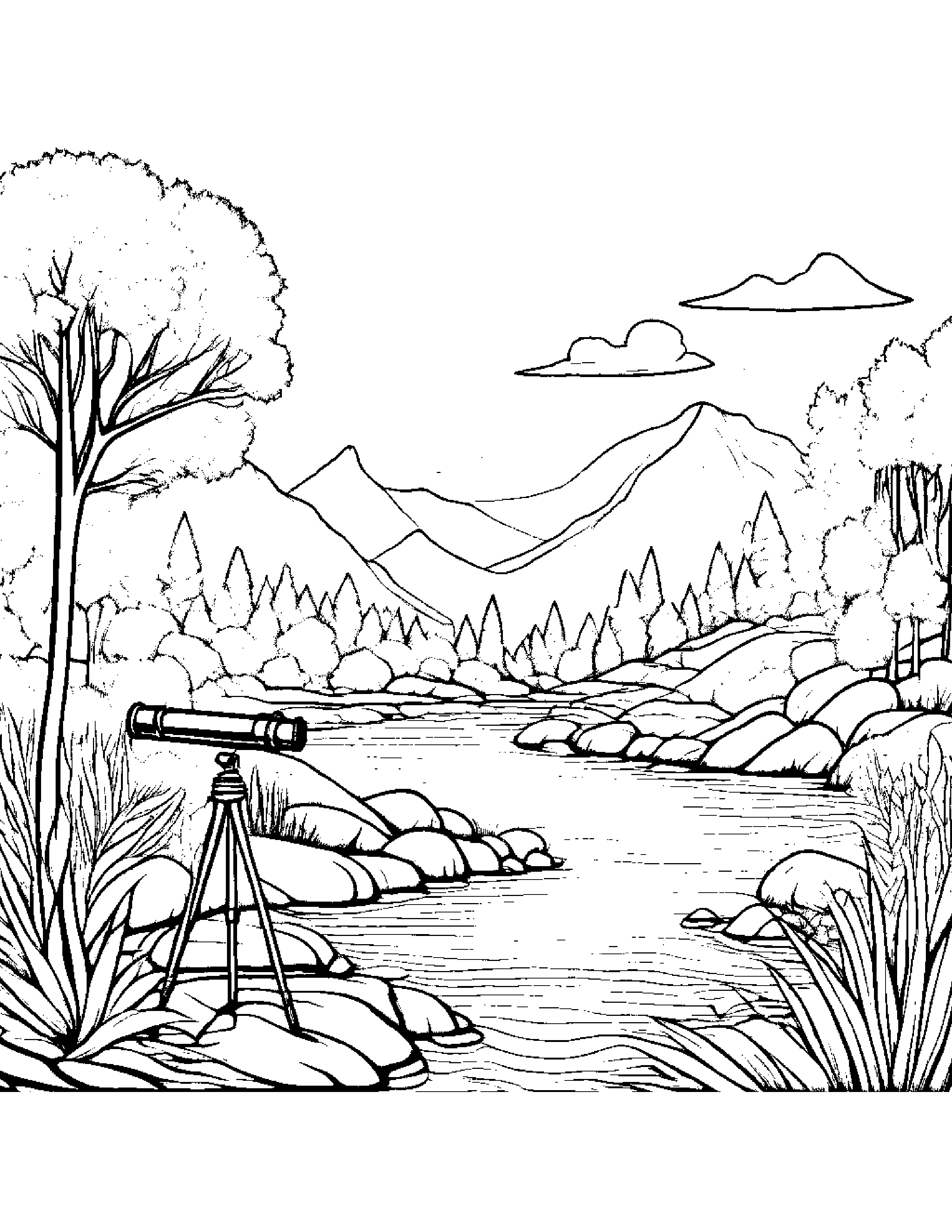 Kind Telescope Near A Gentle Stream #3 Coloring Page (Free Printable PDF)