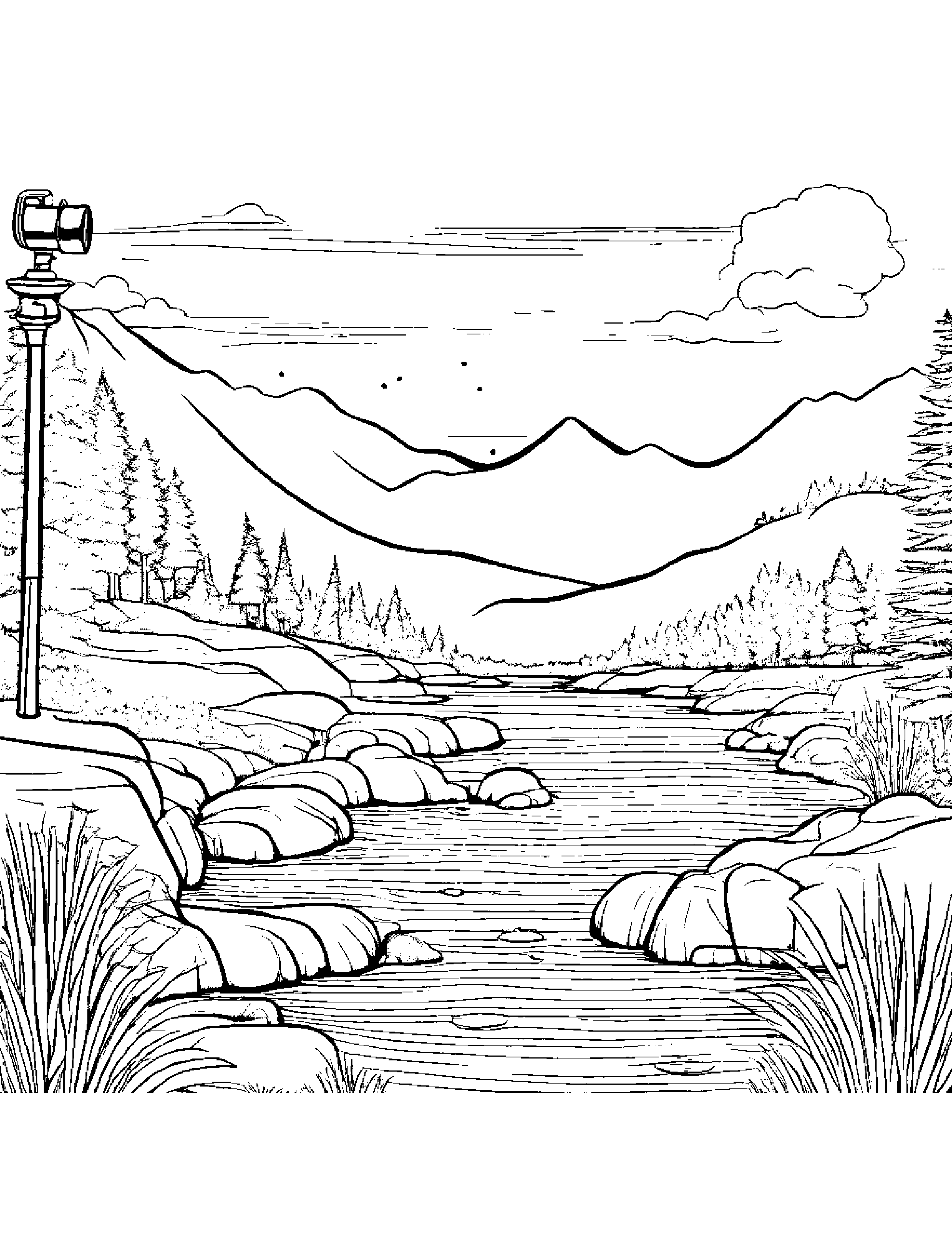 Kind Telescope Near A Gentle Stream Coloring Page (Free Printable PDF)