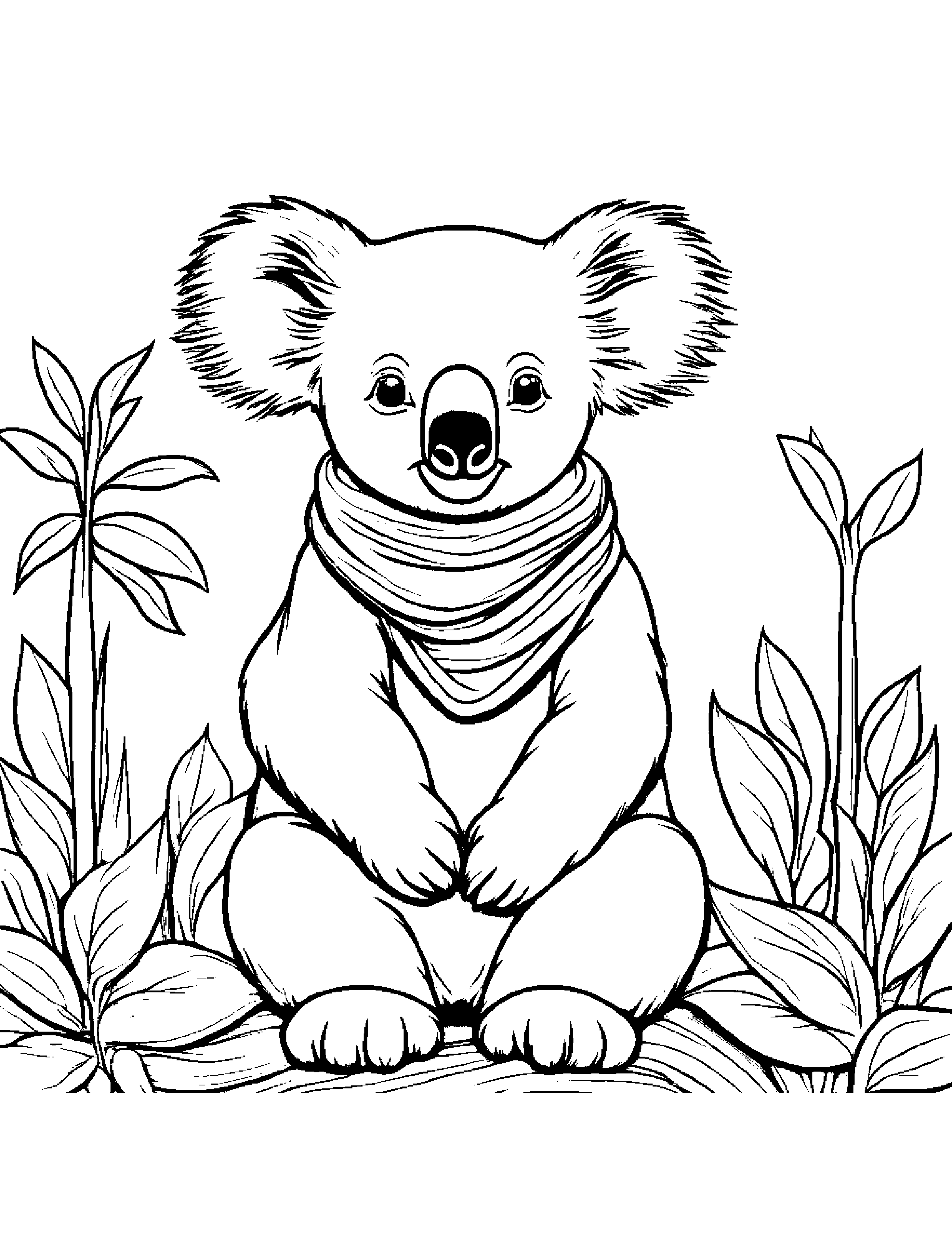Koala With A Soft Scarf On A Friendly Planet Coloring Page (Free Printable PDF)