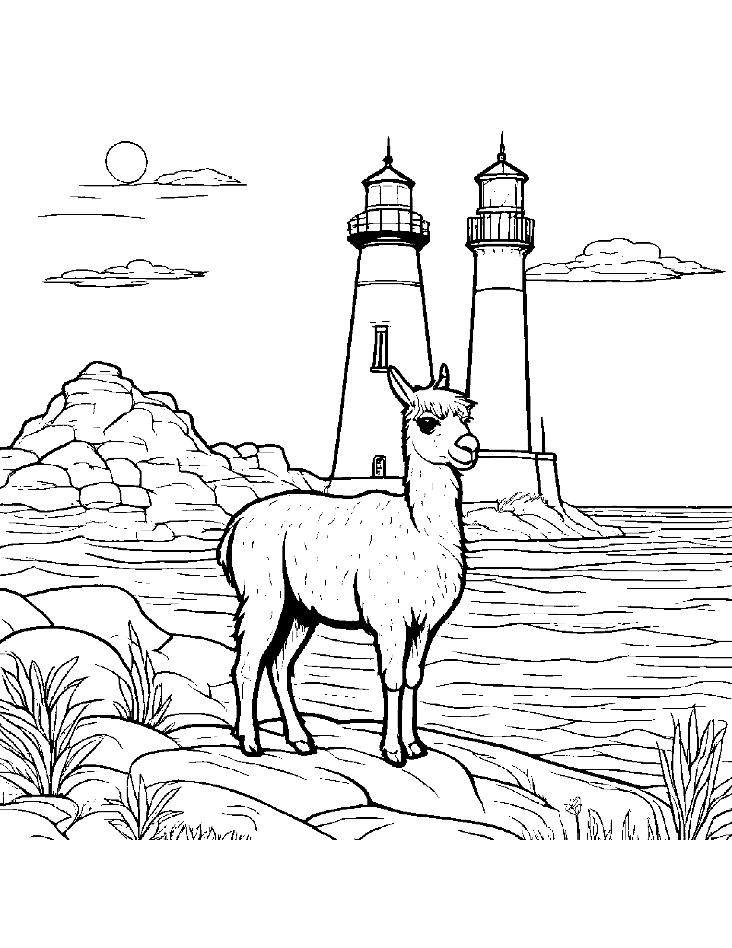 Llama With A Cute Hat Near A Lighthouse #2 Coloring Page (Free Printable PDF)