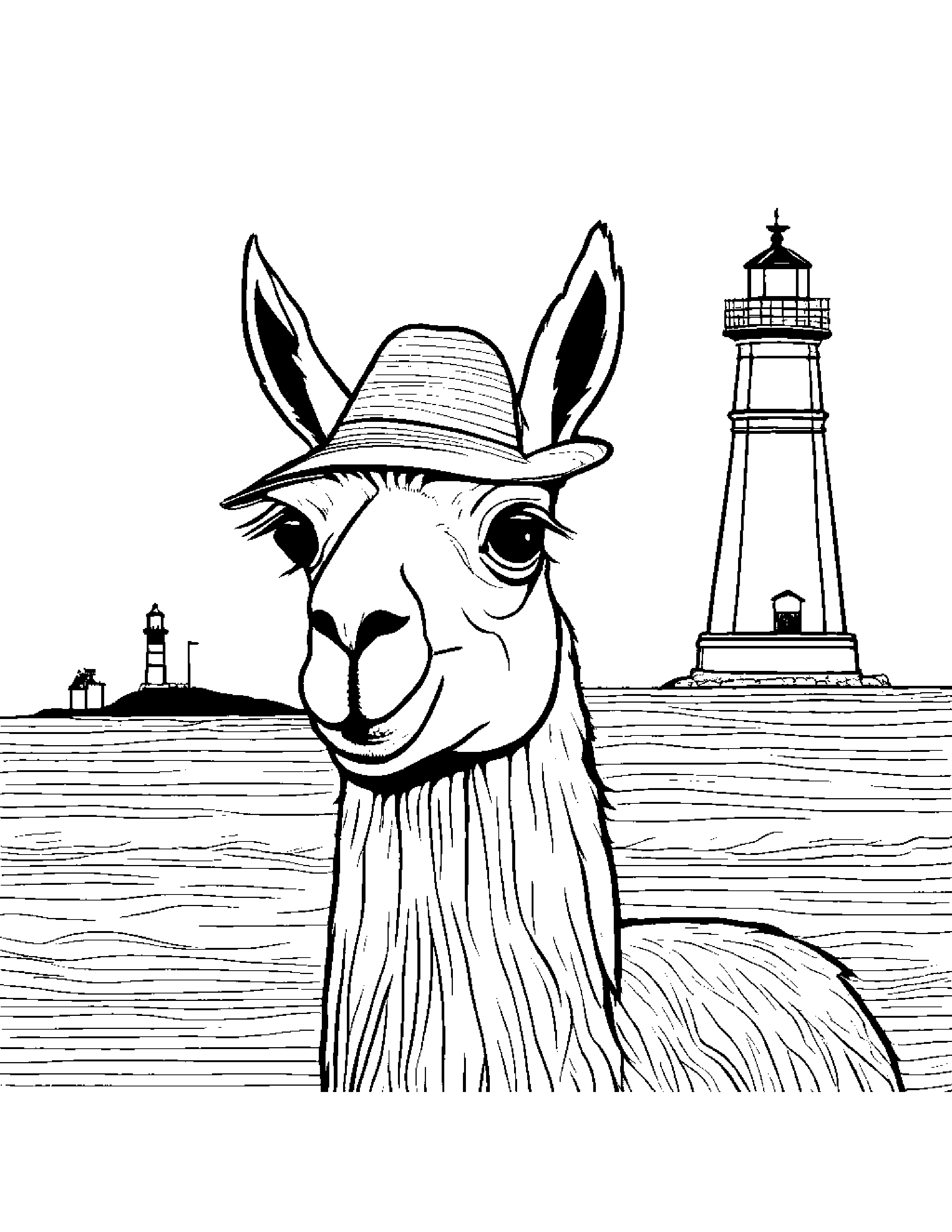 Llama With A Cute Hat Near A Lighthouse #3 Coloring Page (Free Printable PDF)