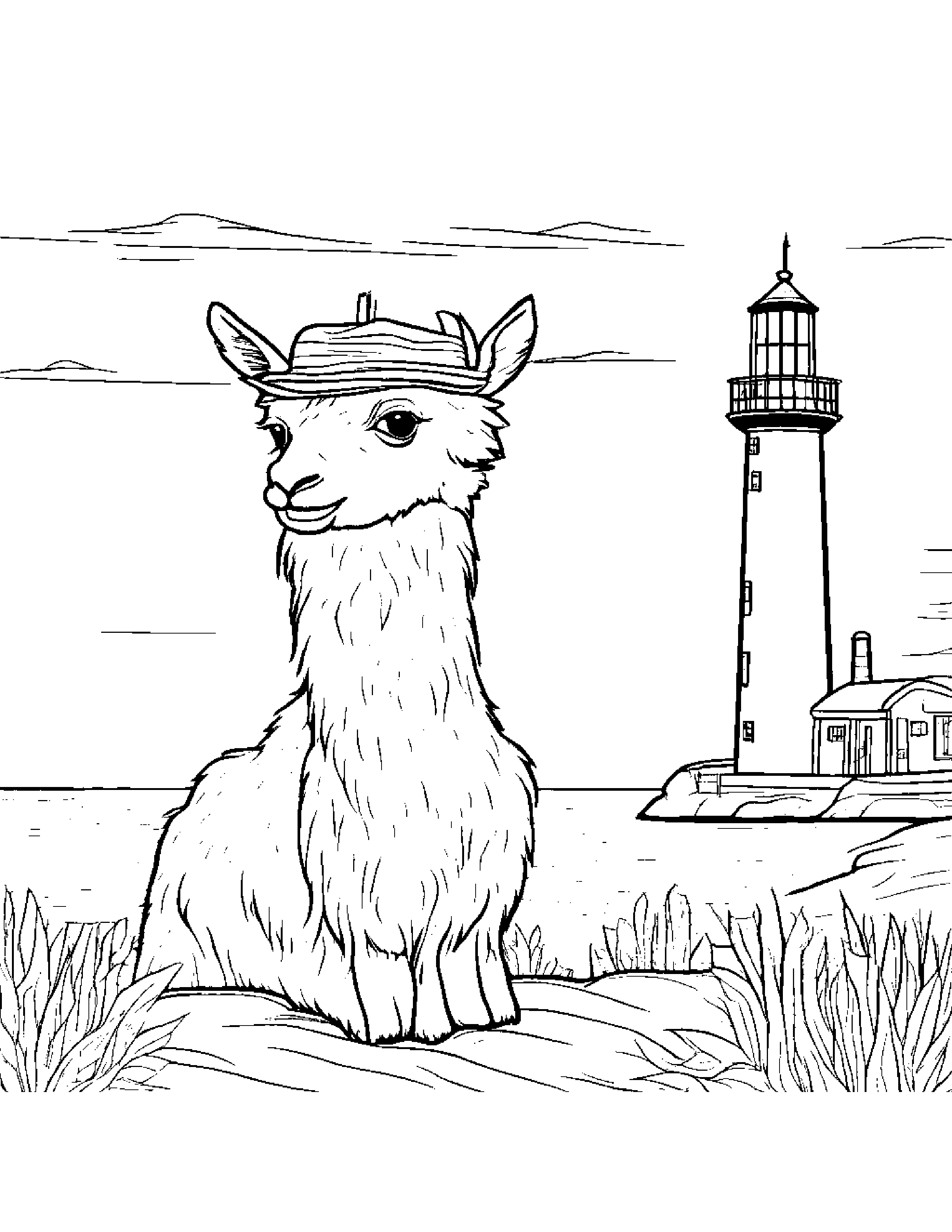 Llama With A Cute Hat Near A Lighthouse Coloring Page (Free Printable PDF)
