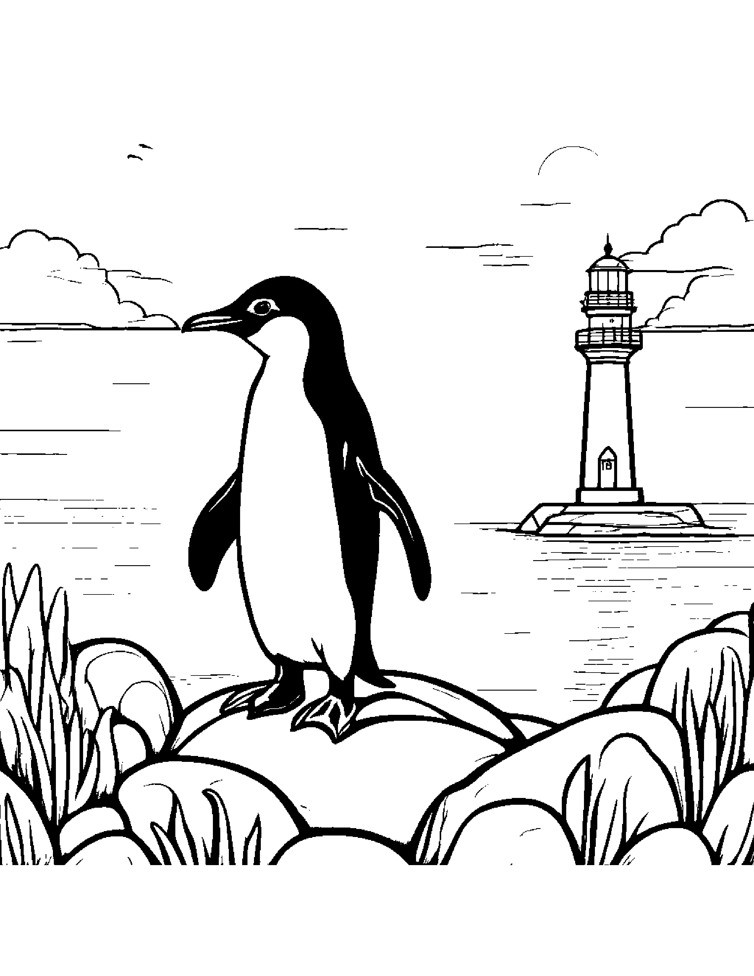 Penguin Chick With A Friendly Star Near A Lighthouse #2 Coloring Page (Free Printable PDF)