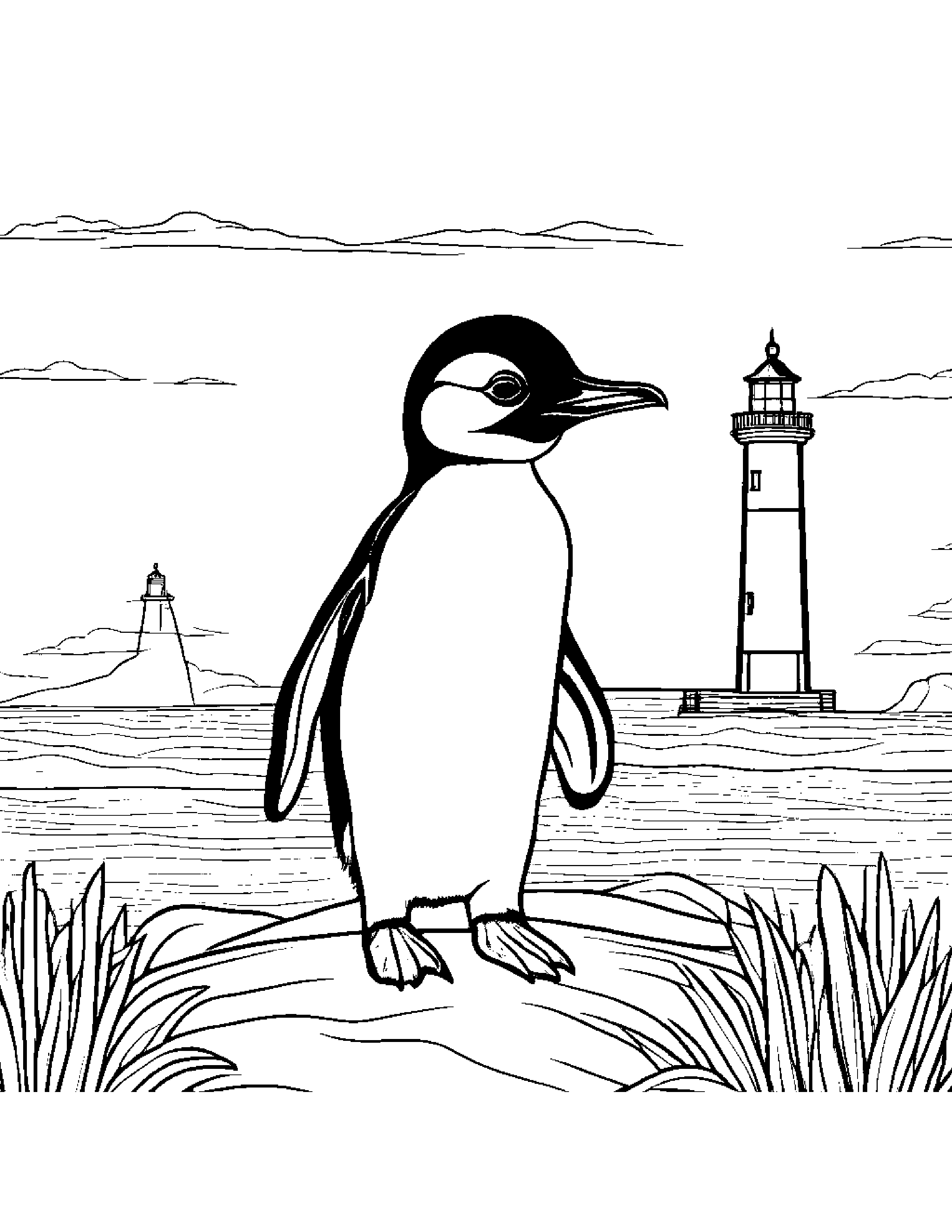 Penguin Chick With A Friendly Star Near A Lighthouse #3 Coloring Page (Free Printable PDF)