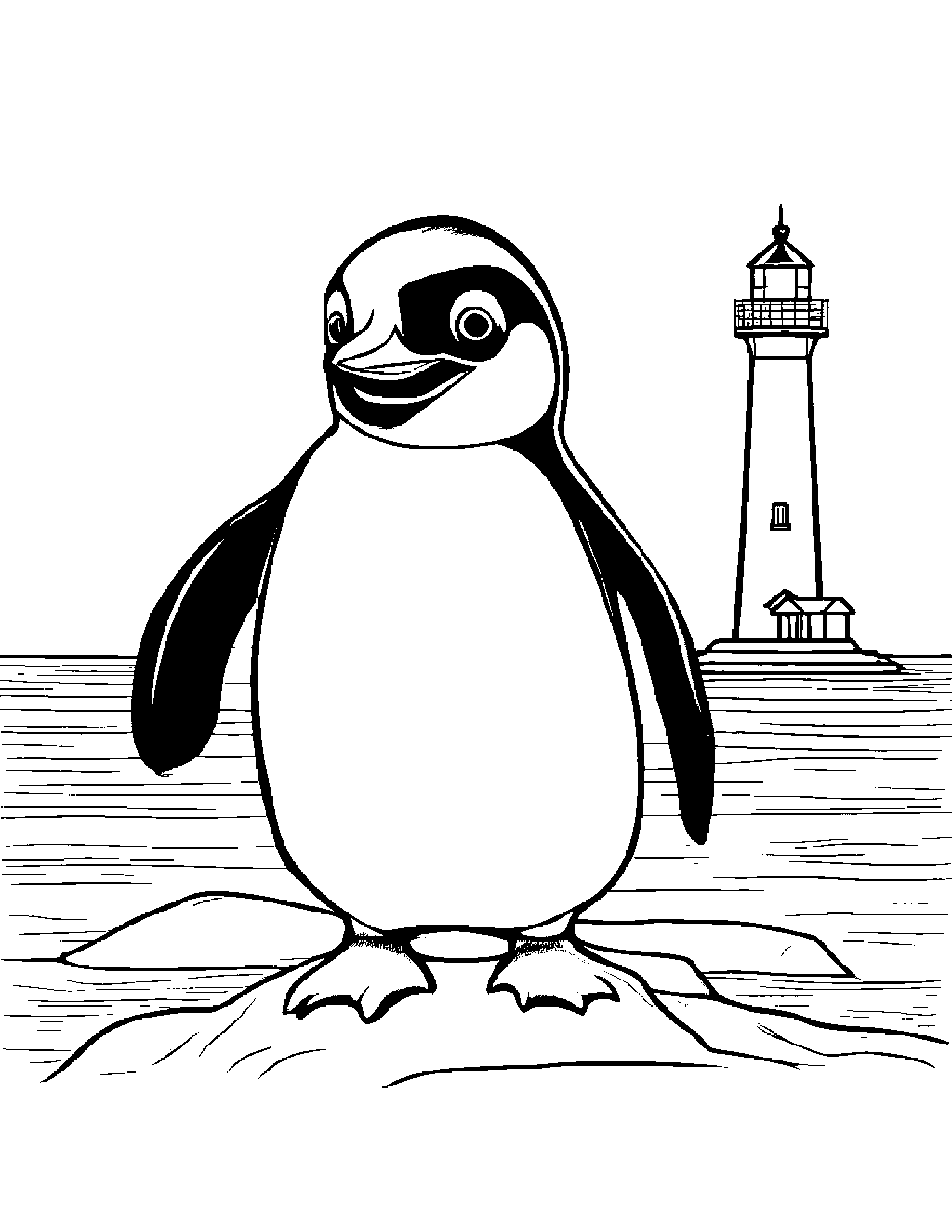 Penguin Chick With A Friendly Star Near A Lighthouse #4 Coloring Page (Free Printable PDF)
