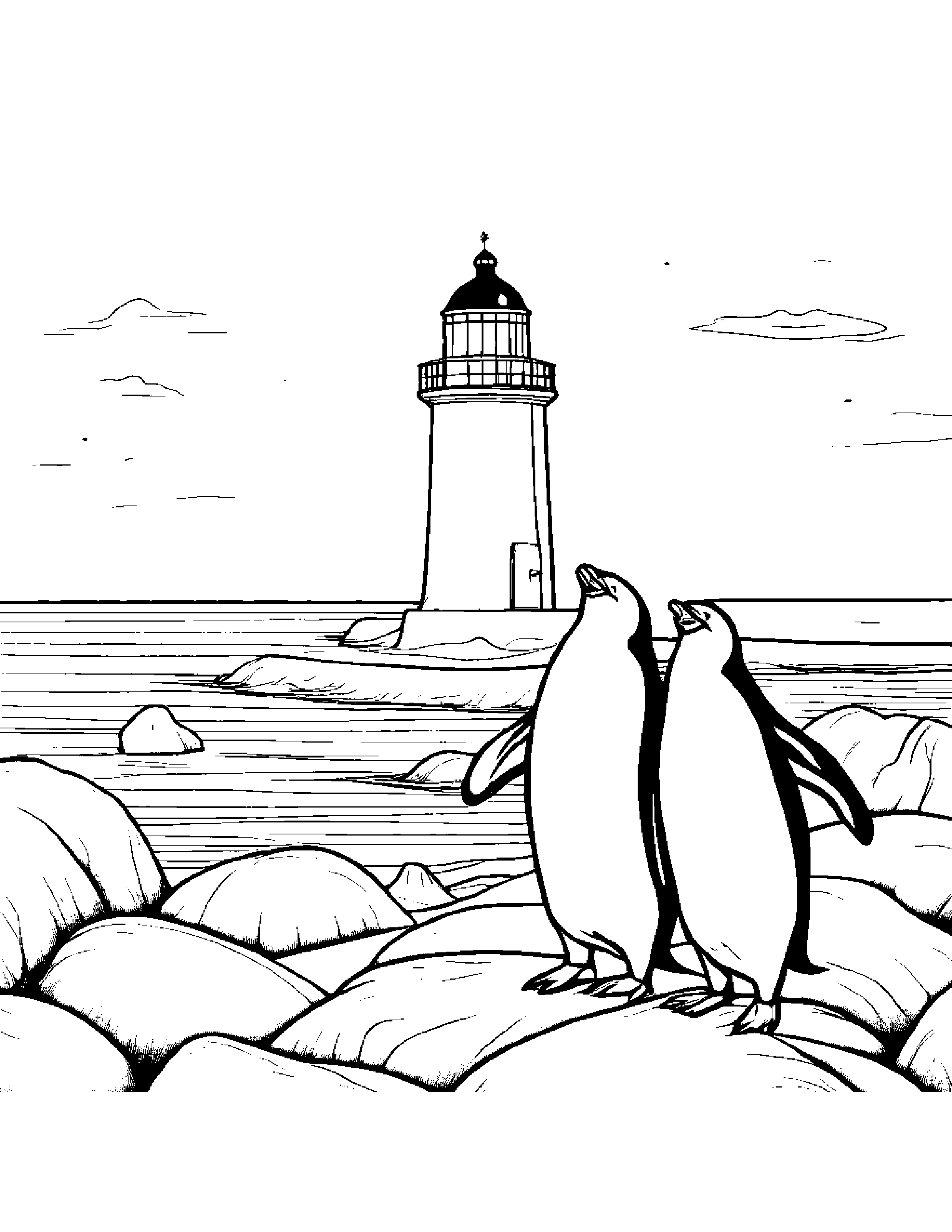 Penguin Chick With A Friendly Star Near A Lighthouse #5 Coloring Page (Free Printable PDF)