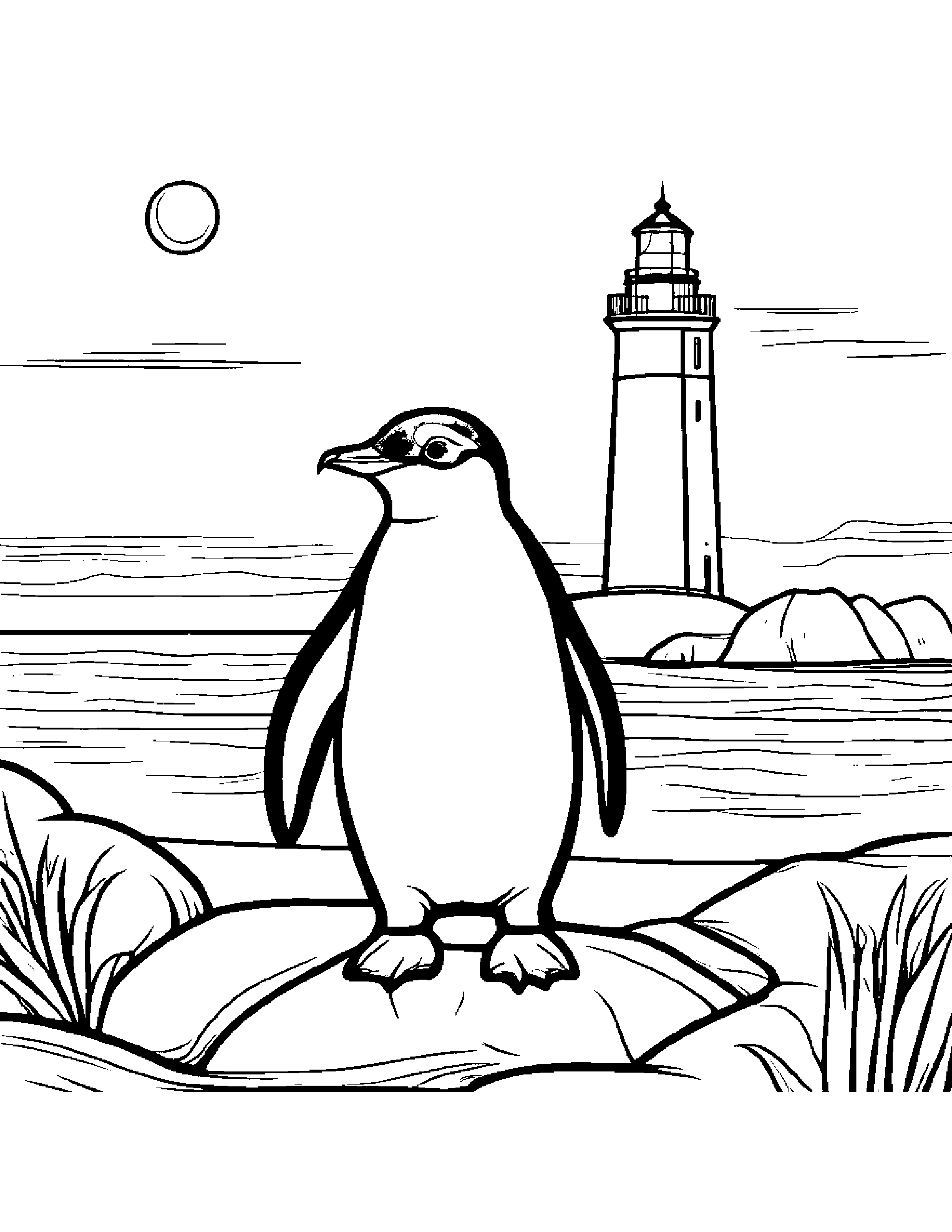 Penguin Chick With A Friendly Star Near A Lighthouse Coloring Page (Free Printable PDF)