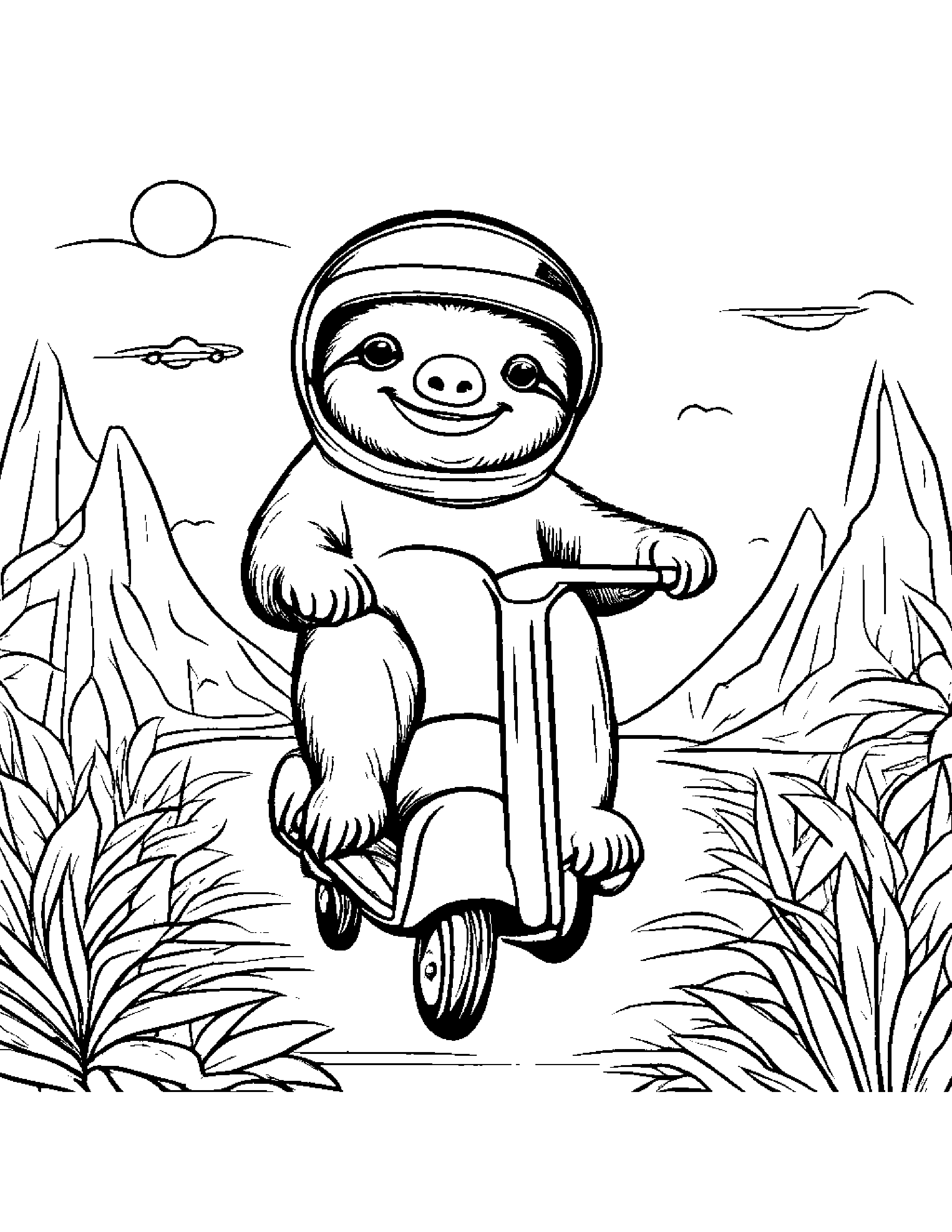 Sloth Riding A Scooter On A Friendly Planet #2 Coloring Page (Free Printable PDF)