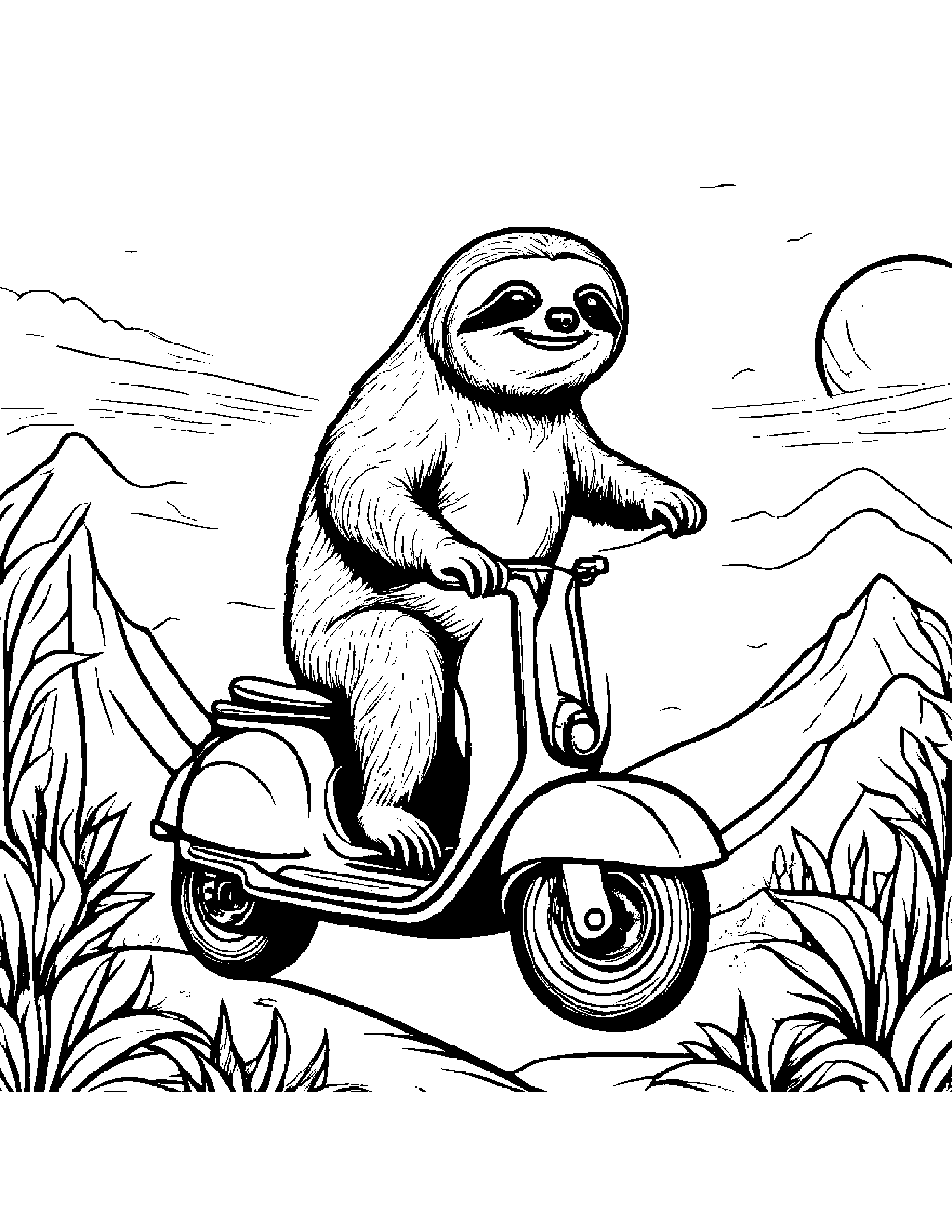 Sloth Riding A Scooter On A Friendly Planet #3 Coloring Page (Free Printable PDF)