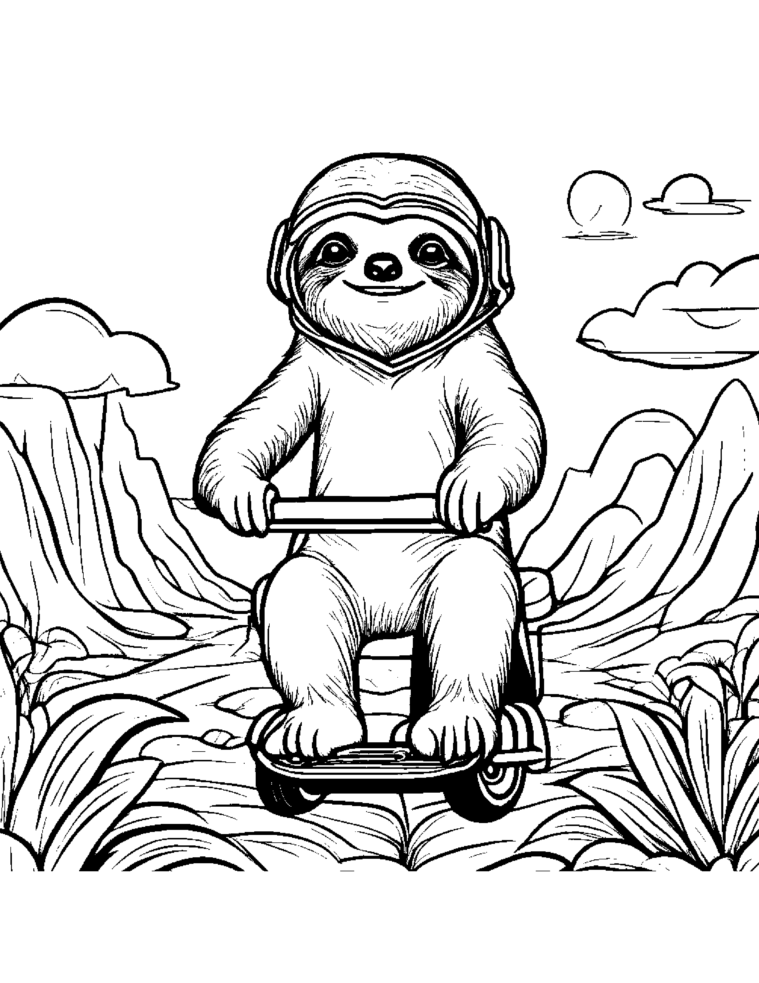 Sloth Riding A Scooter On A Friendly Planet #4 Coloring Page (Free Printable PDF)