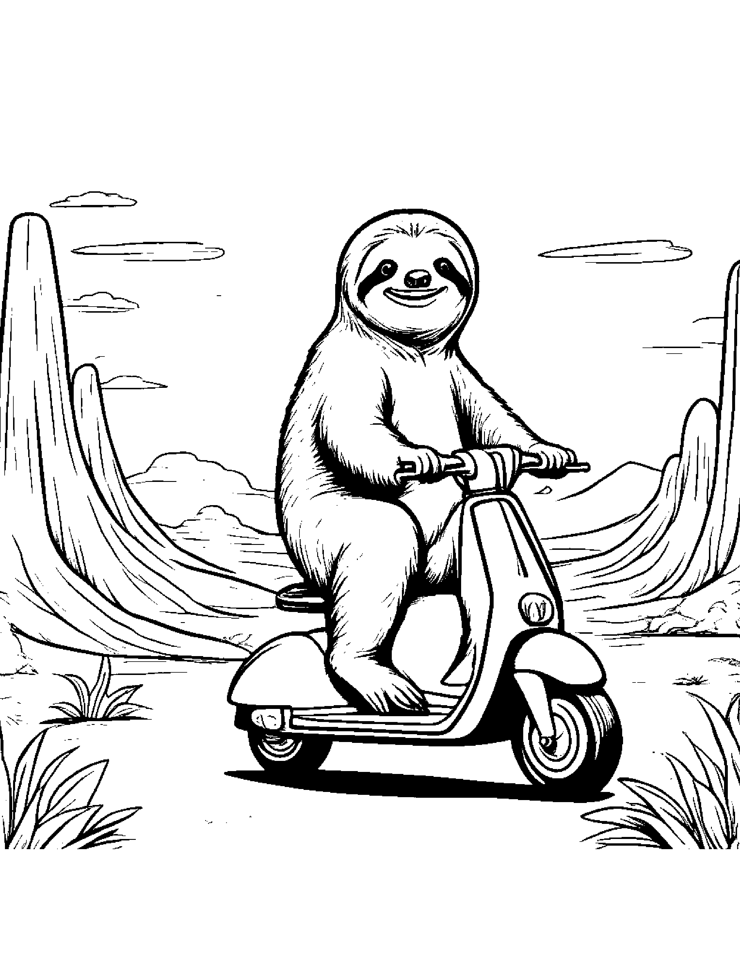 Sloth Riding A Scooter On A Friendly Planet #5 Coloring Page (Free Printable PDF)