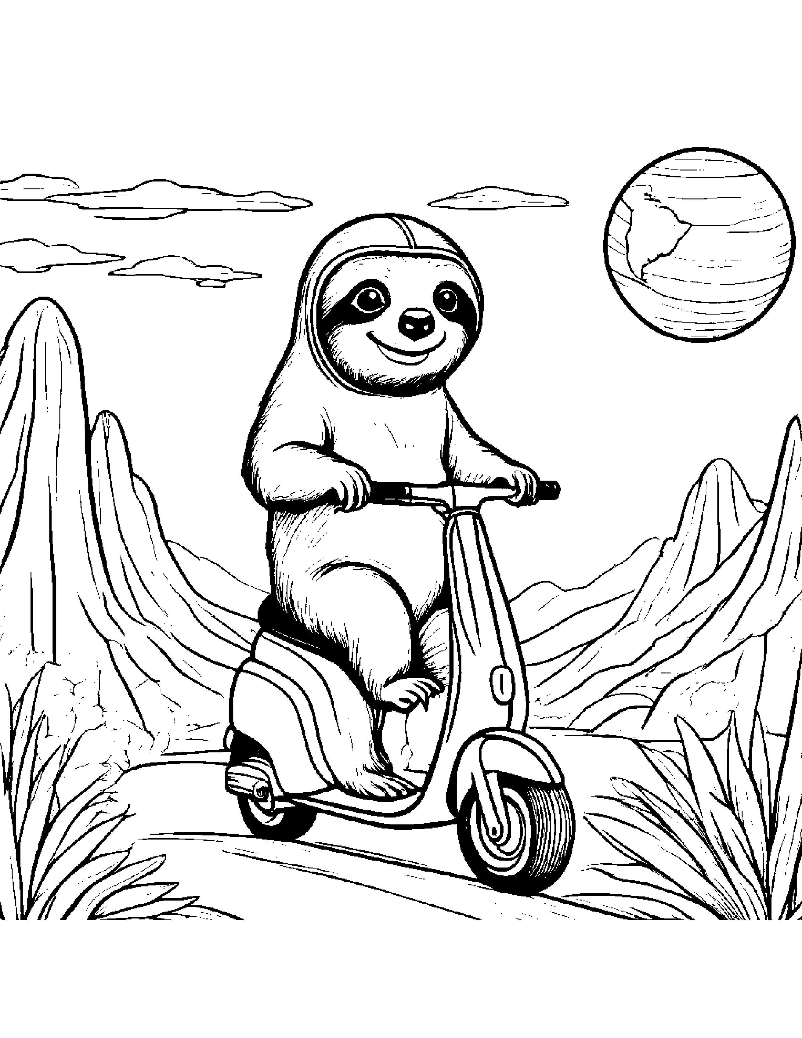 Sloth Riding A Scooter On A Friendly Planet Coloring Page (Free Printable PDF)