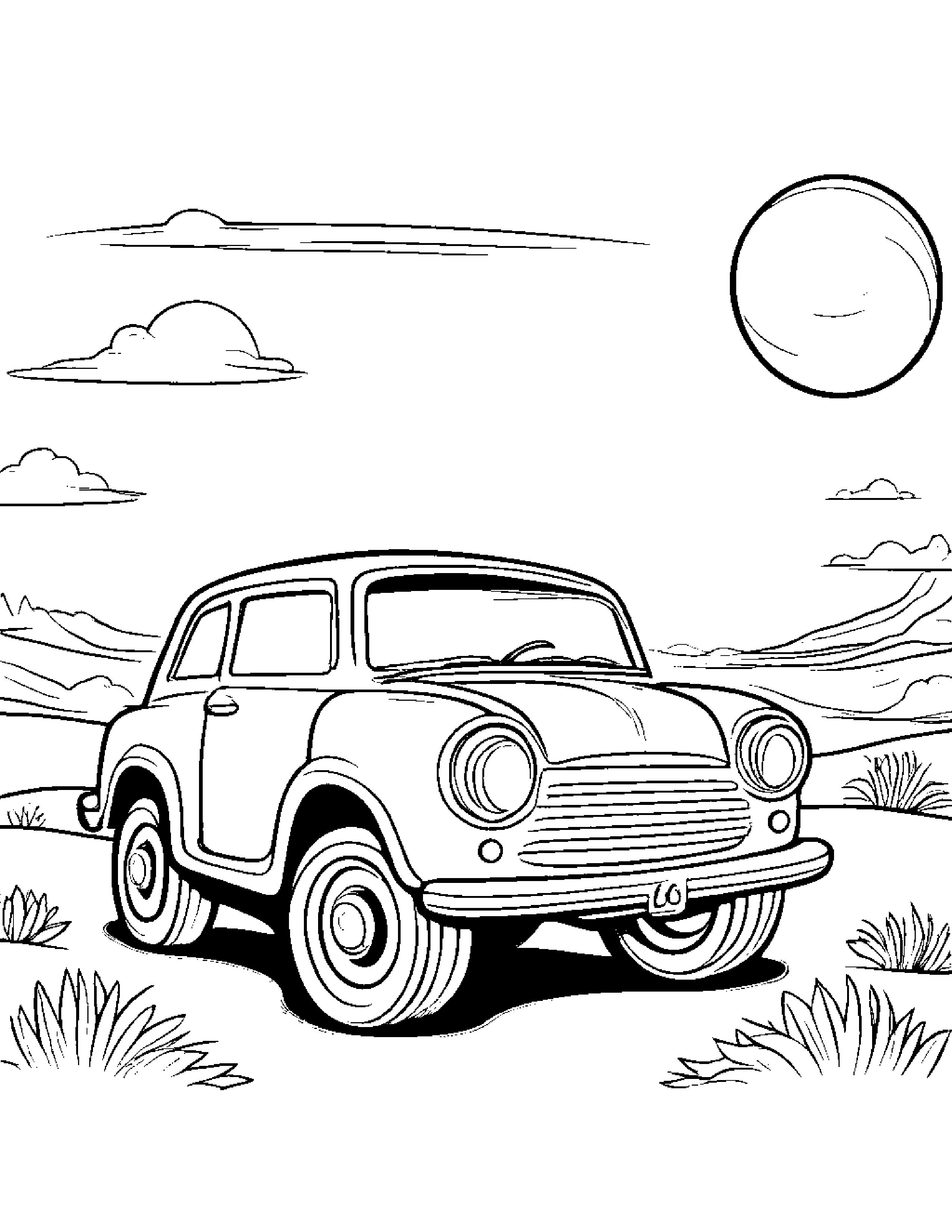 Sunny Toy Car On A Friendly Planet Coloring Page (Free Printable PDF)