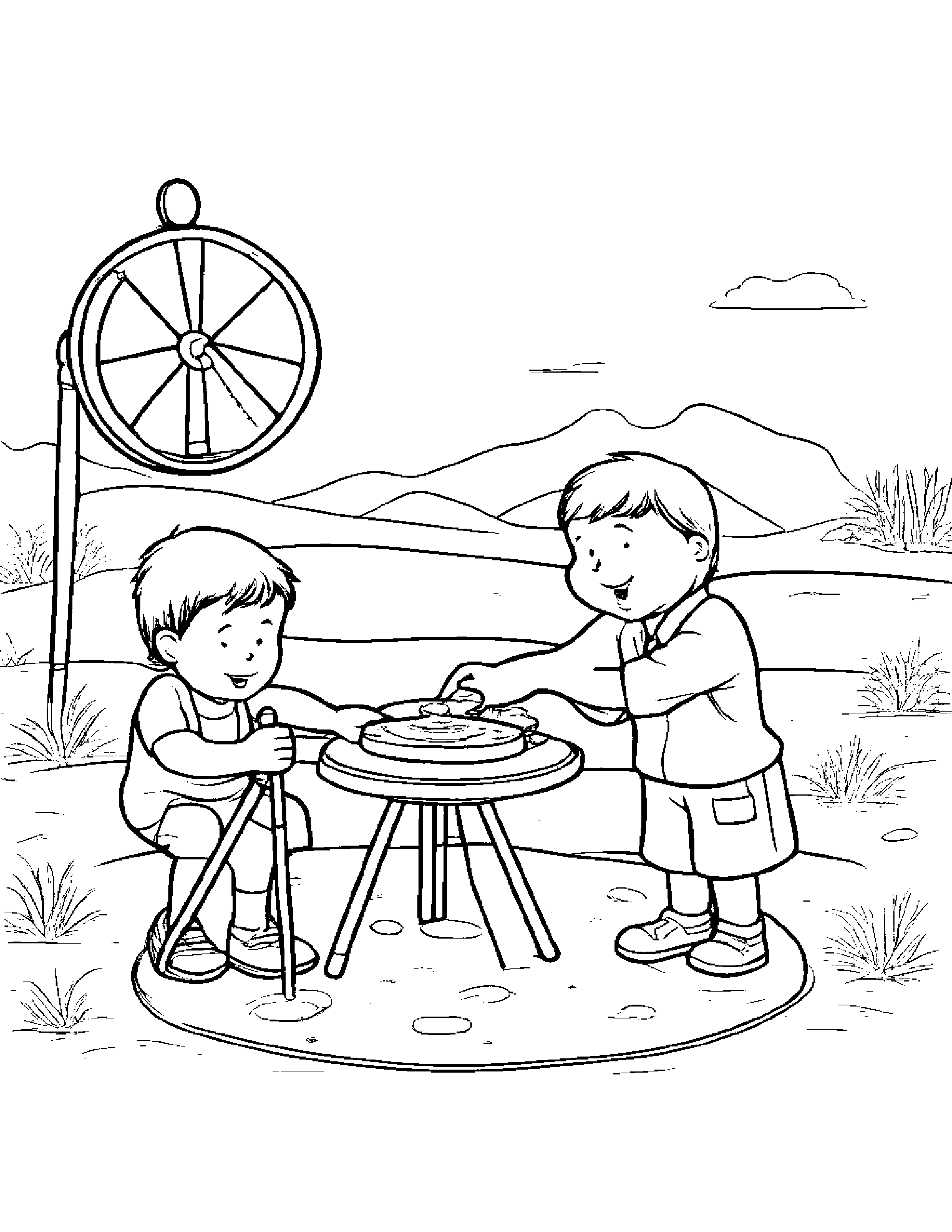 Telescope Playing Pat-A-Cake Beside A Sandbox #2 Coloring Page (Free Printable PDF)