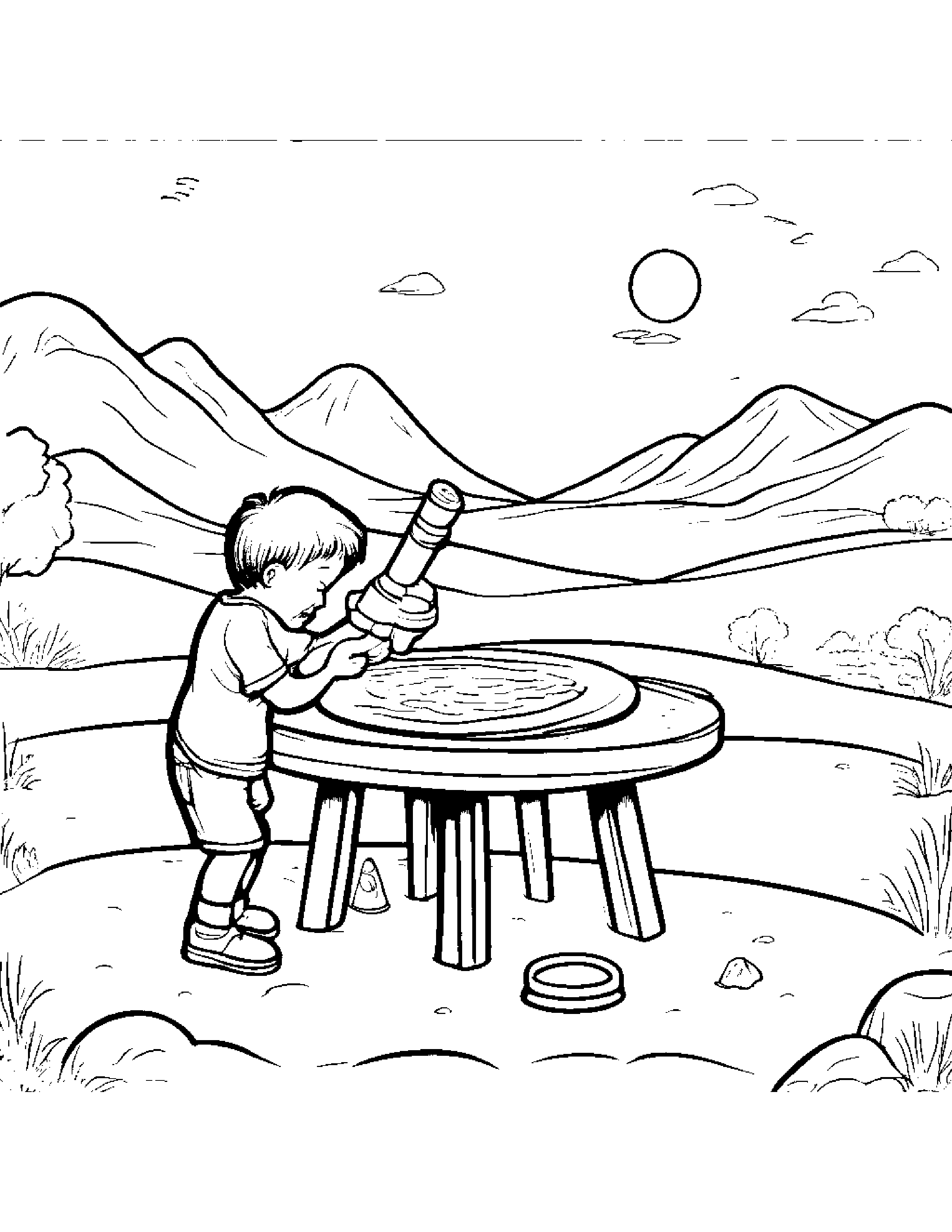 Telescope Playing Pat-A-Cake Beside A Sandbox #3 Coloring Page (Free Printable PDF)