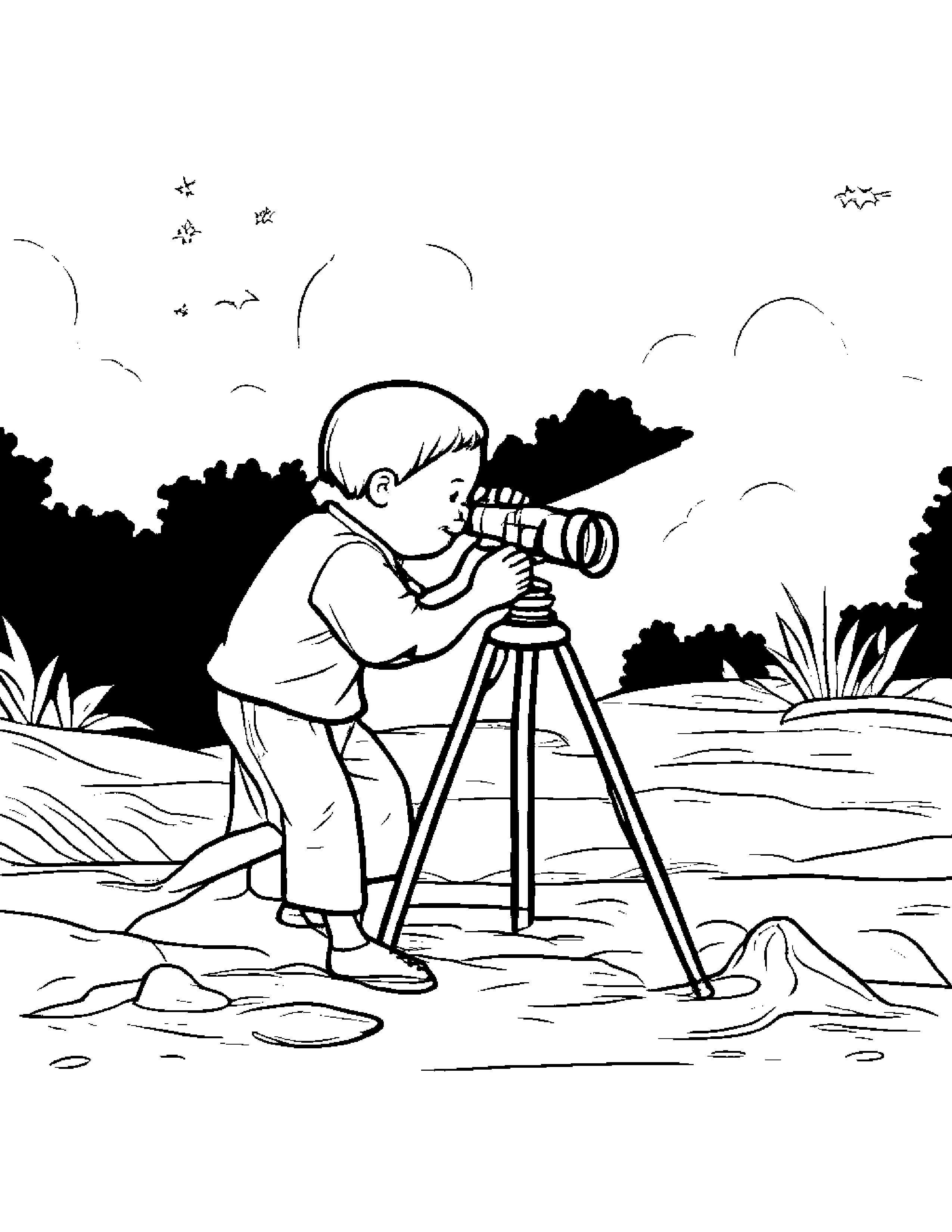 Telescope Playing Pat-A-Cake Beside A Sandbox #4 Coloring Page (Free Printable PDF)