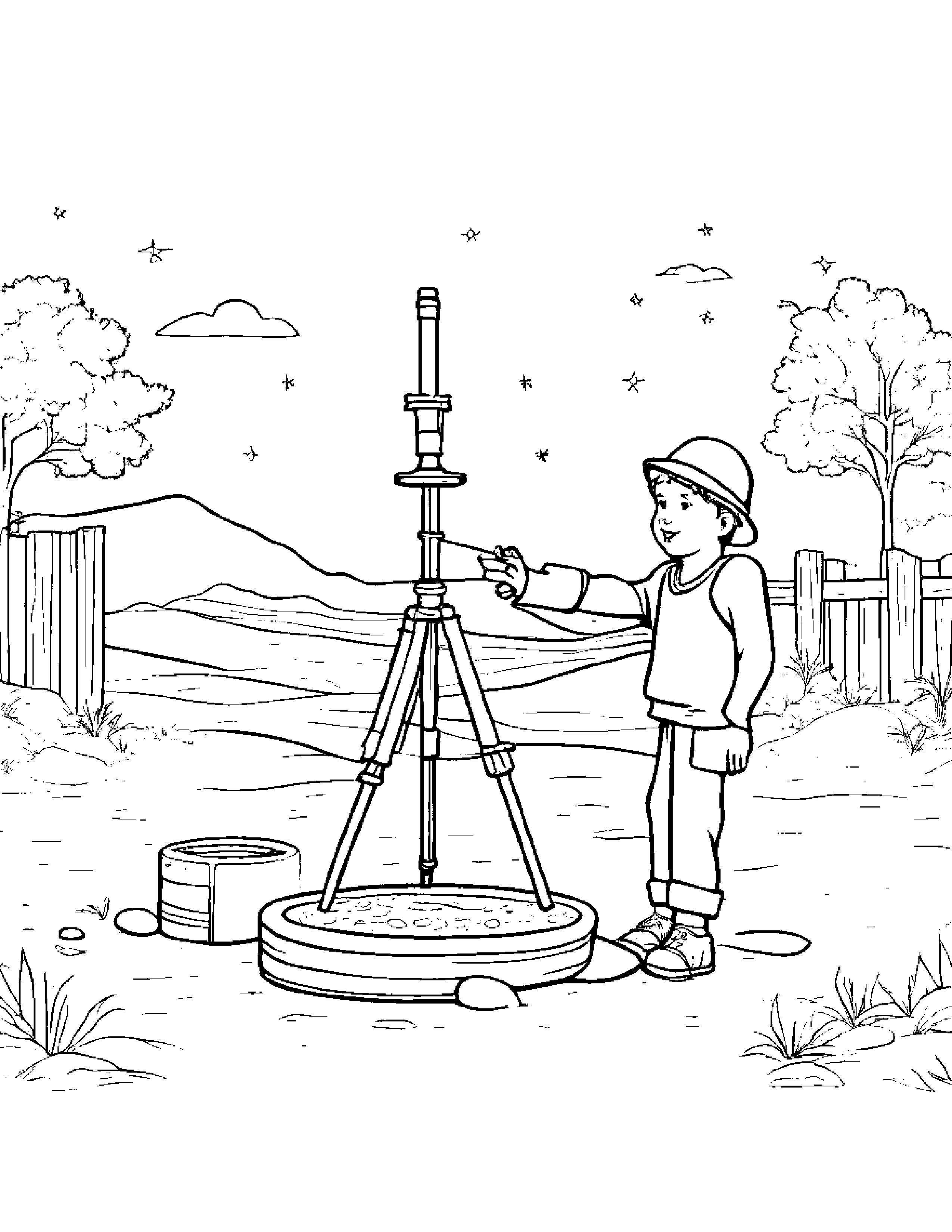 Telescope Playing Pat-A-Cake Beside A Sandbox #5 Coloring Page (Free Printable PDF)