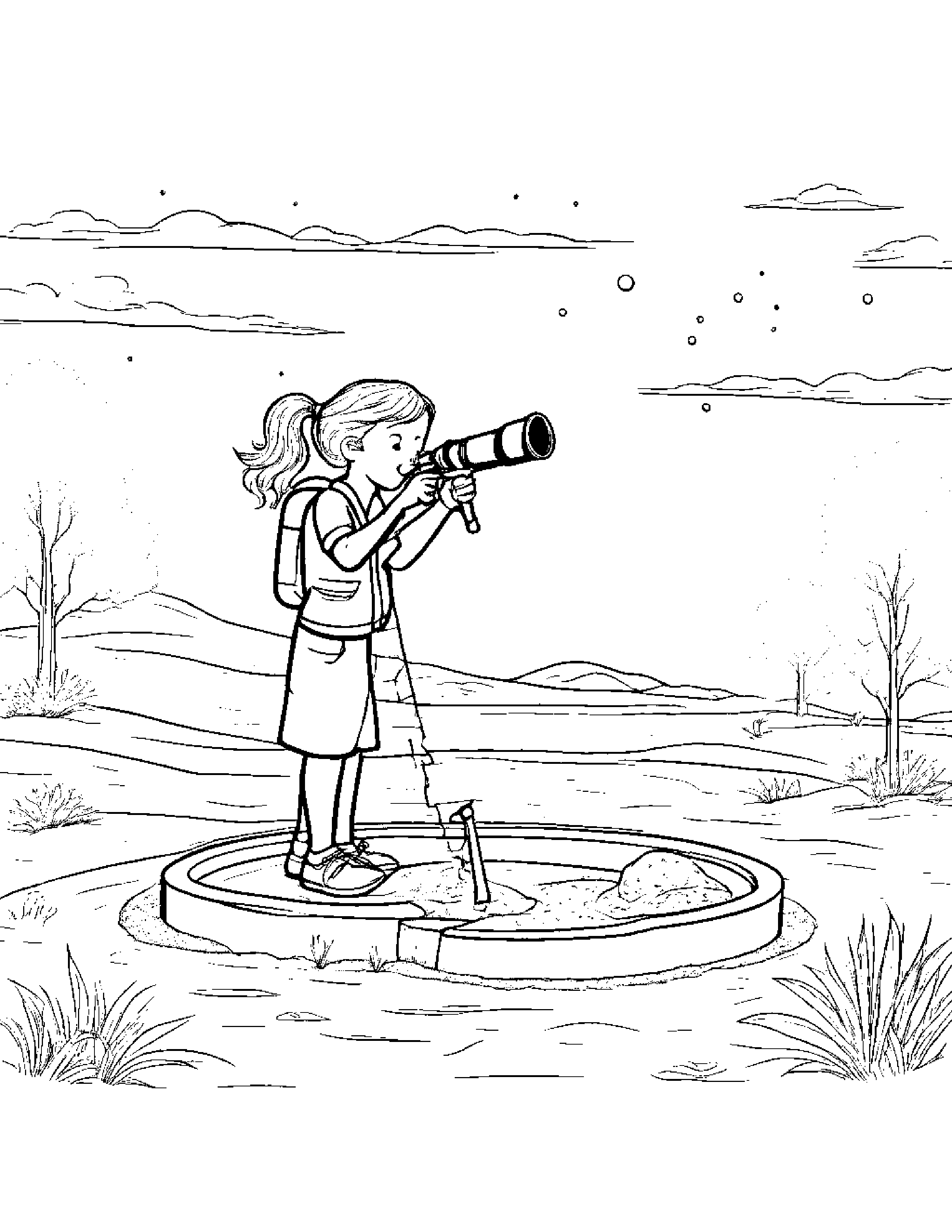 Telescope Playing Pat-A-Cake Beside A Sandbox Coloring Page (Free Printable PDF)