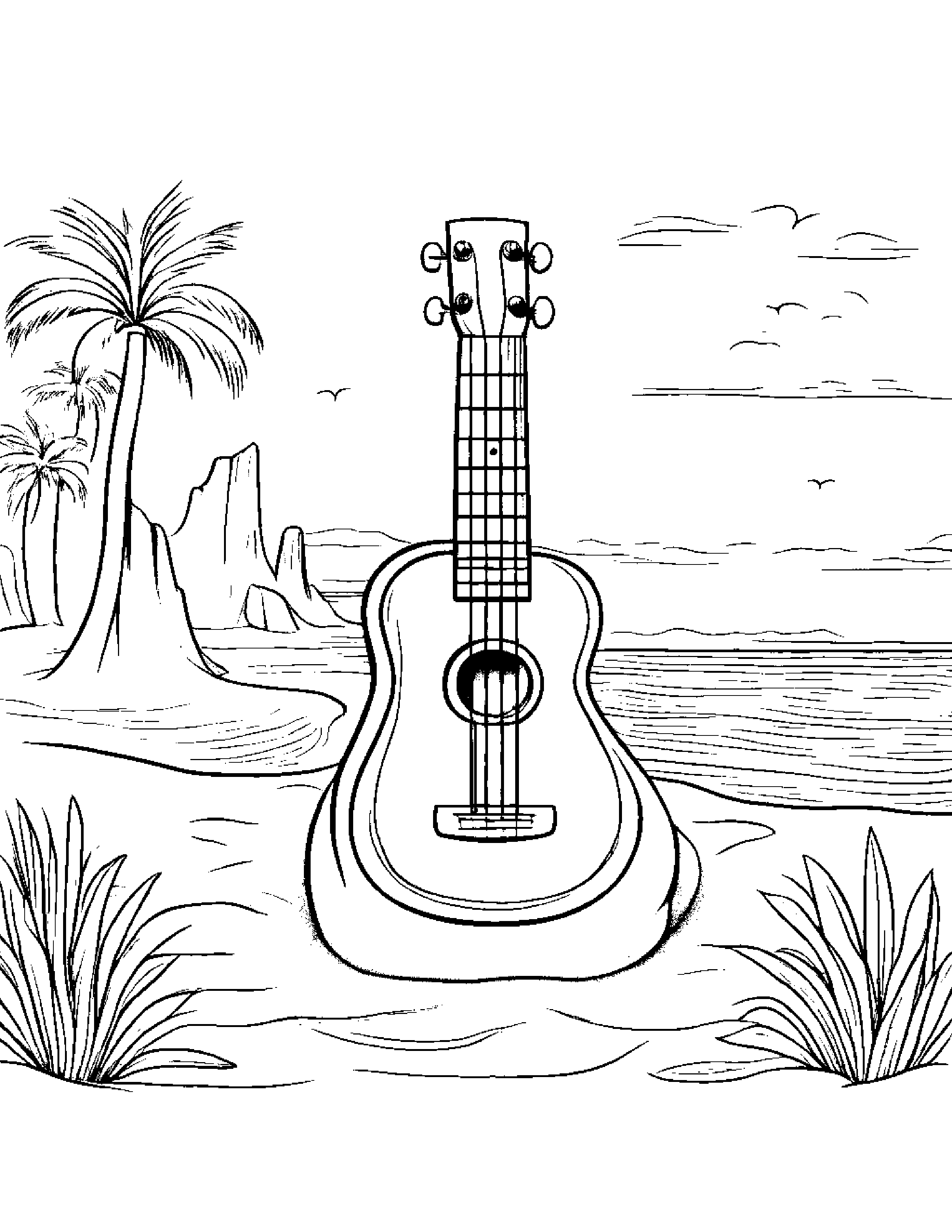 Ukulele Building A Sandcastle #2 Coloring Page (Free Printable PDF)
