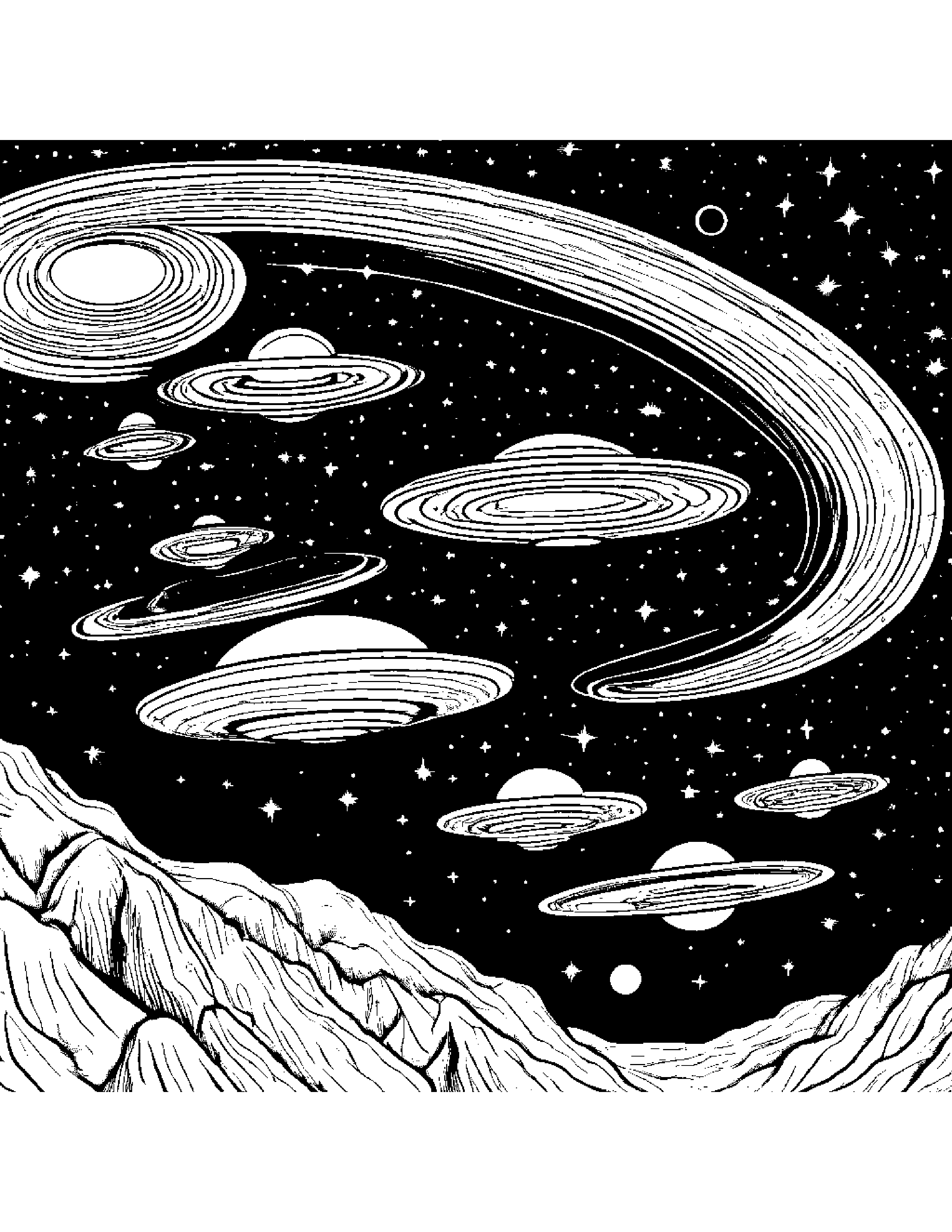 A Fleet Of Ufos Performing A Mesmerizing Dance Across The Milky Way Galaxy Coloring Page (Free Printable PDF)