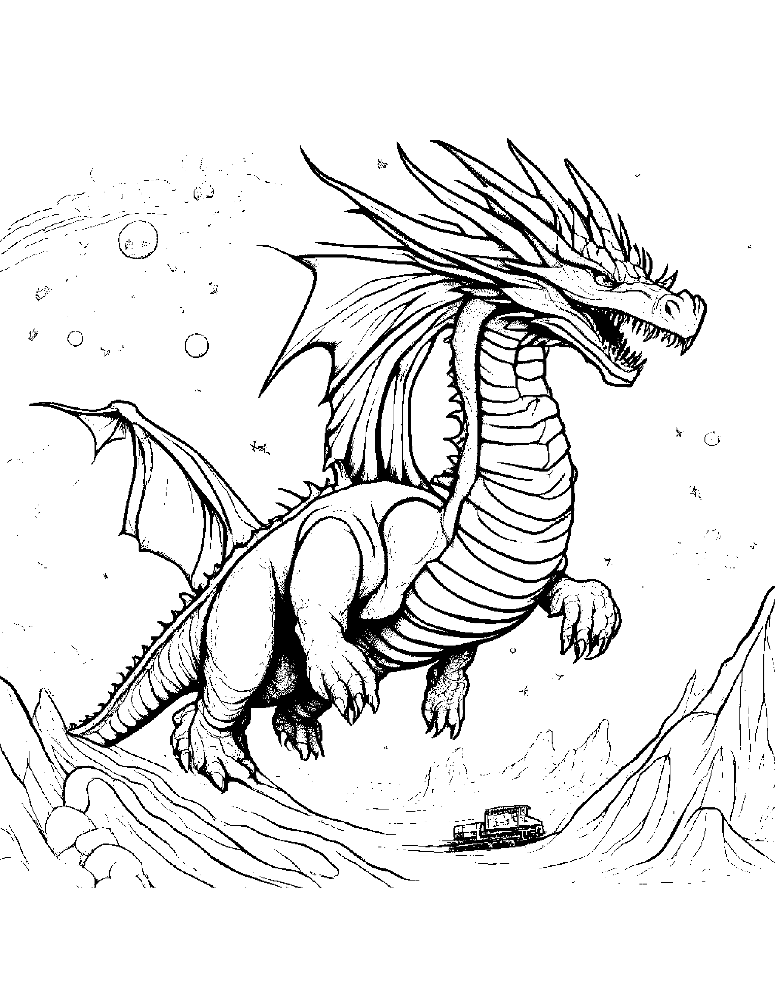A Gigantic Space Dragon Soaring Through The Cosmos, Trailed By A Train Of Comets And Asteroids Coloring Page (Free Printable PDF)