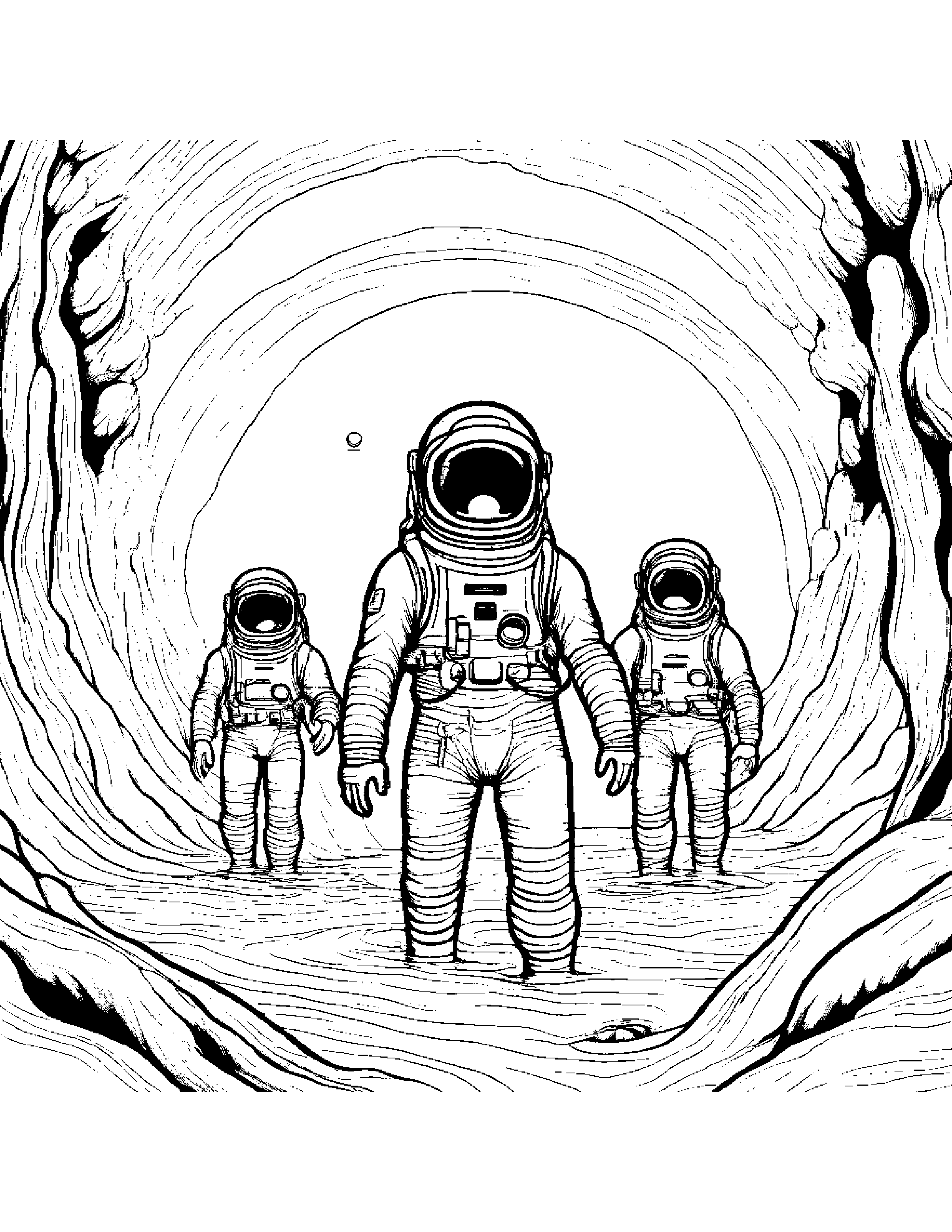 A Group Of Alien Divers Exploring The Deepest Trenches Of Saturn Coloring Page (Free Printable PDF)