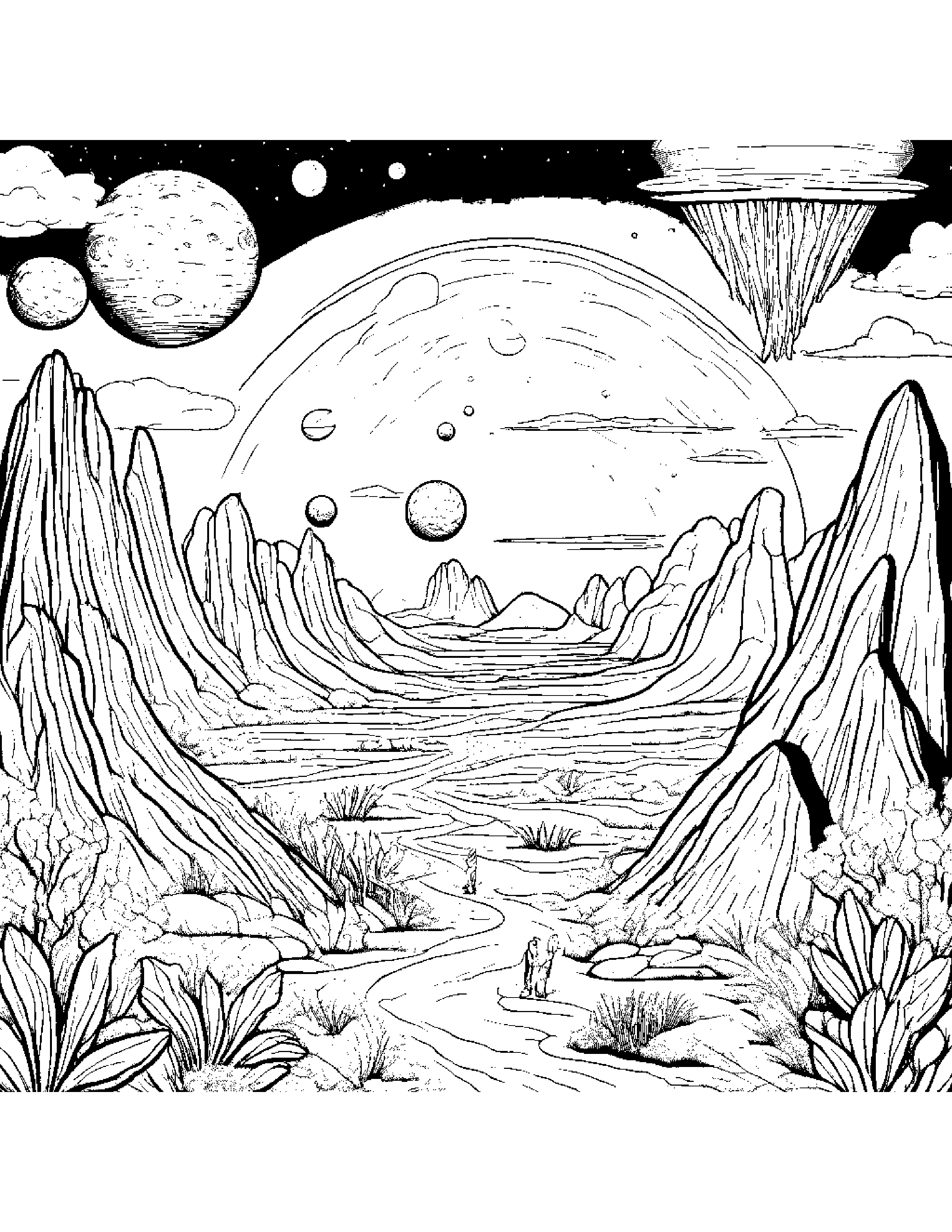 A Meteorite Crash Landing On An Alien Landscape Filled With Strange Flora And Fauna Coloring Page (Free Printable PDF)