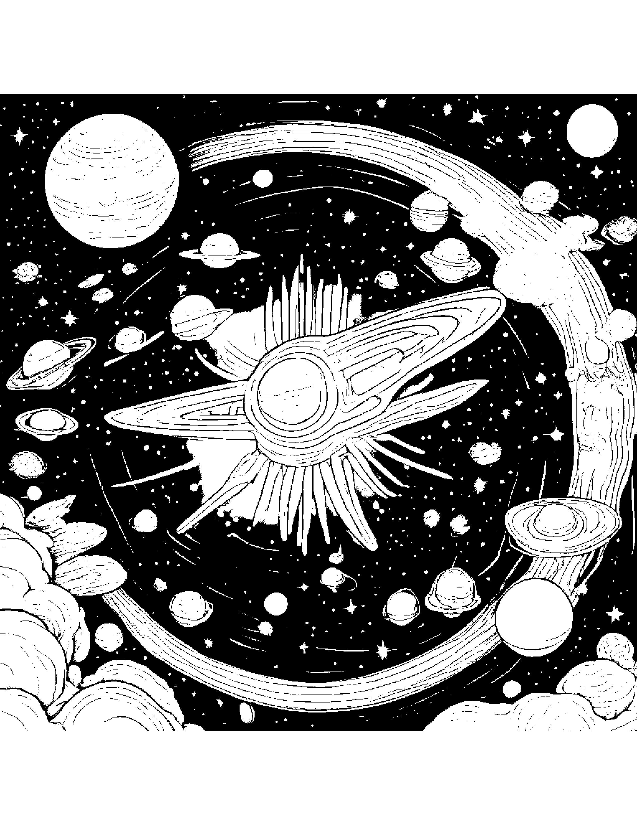 A Nebula Being Explored By Space Insects Coloring Page (Free Printable PDF)