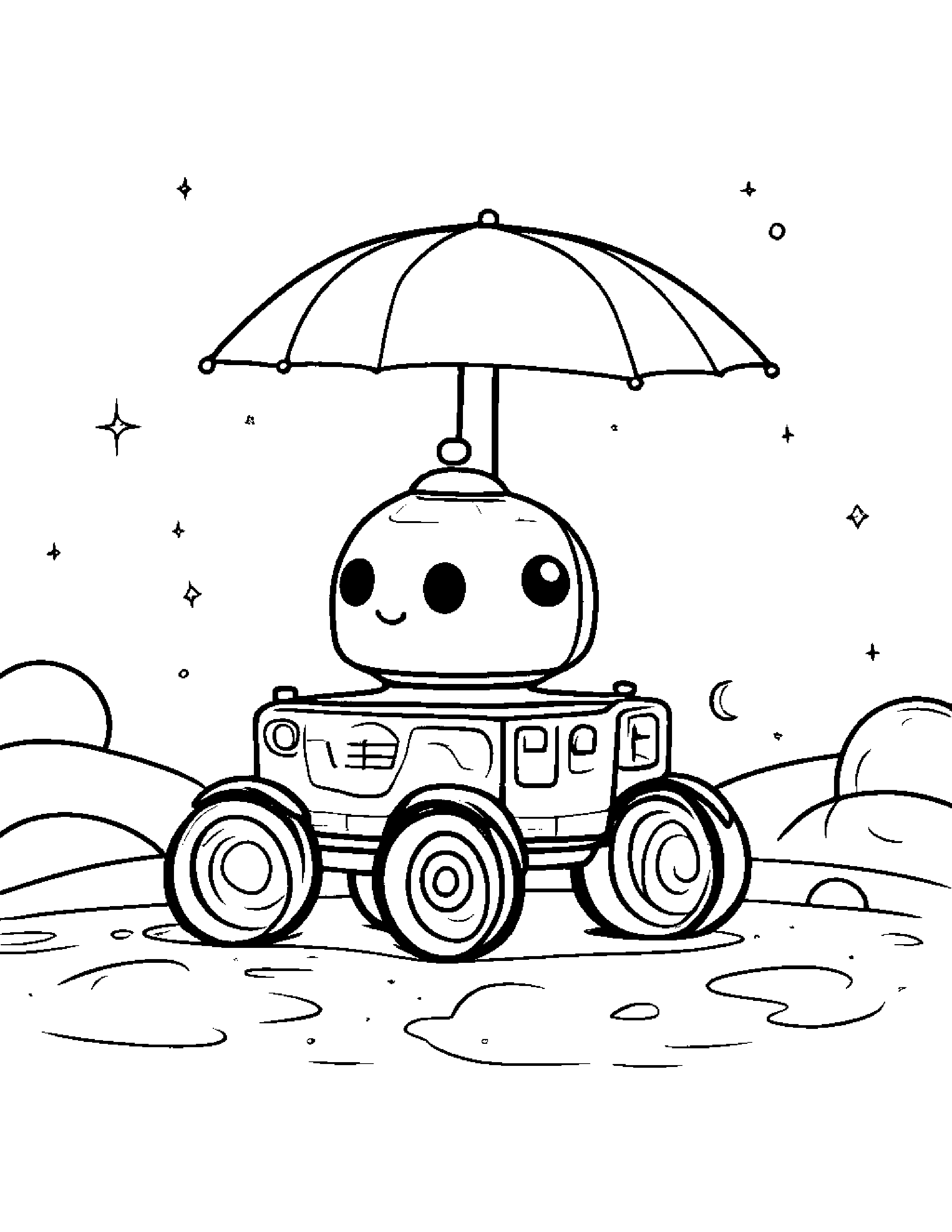 Kawaii Space Rover With Umbrella Coloring Page (Free Printable PDF)
