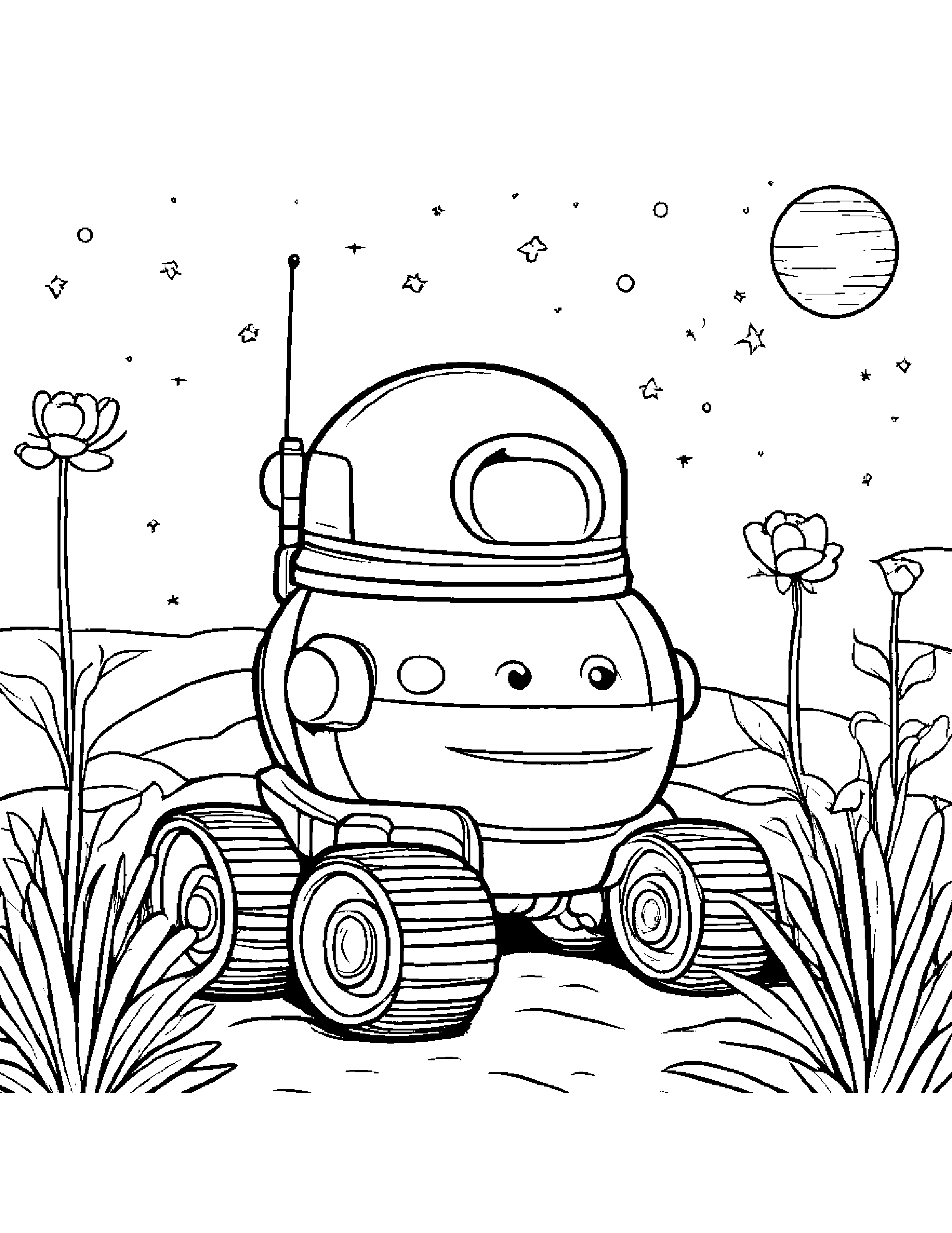 Space Rover With A Flower Coloring Page (Free Printable PDF)