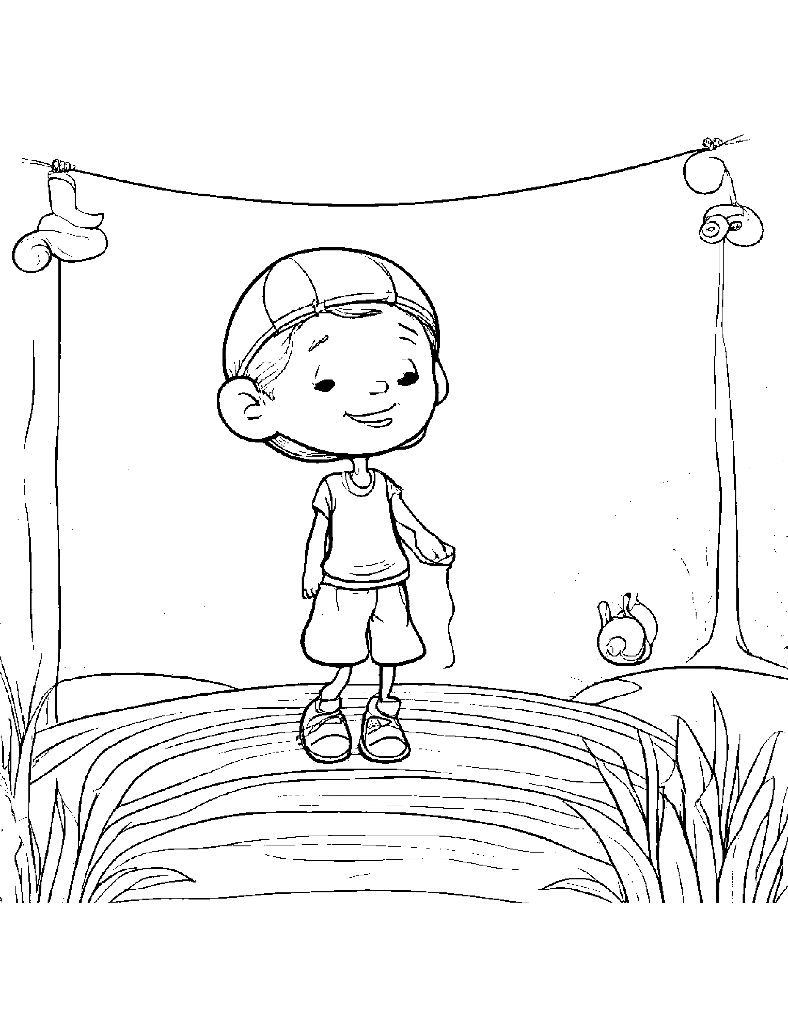Sleepy Jump Rope Kid With A Snail Friend Coloring Page (Free Printable PDF)