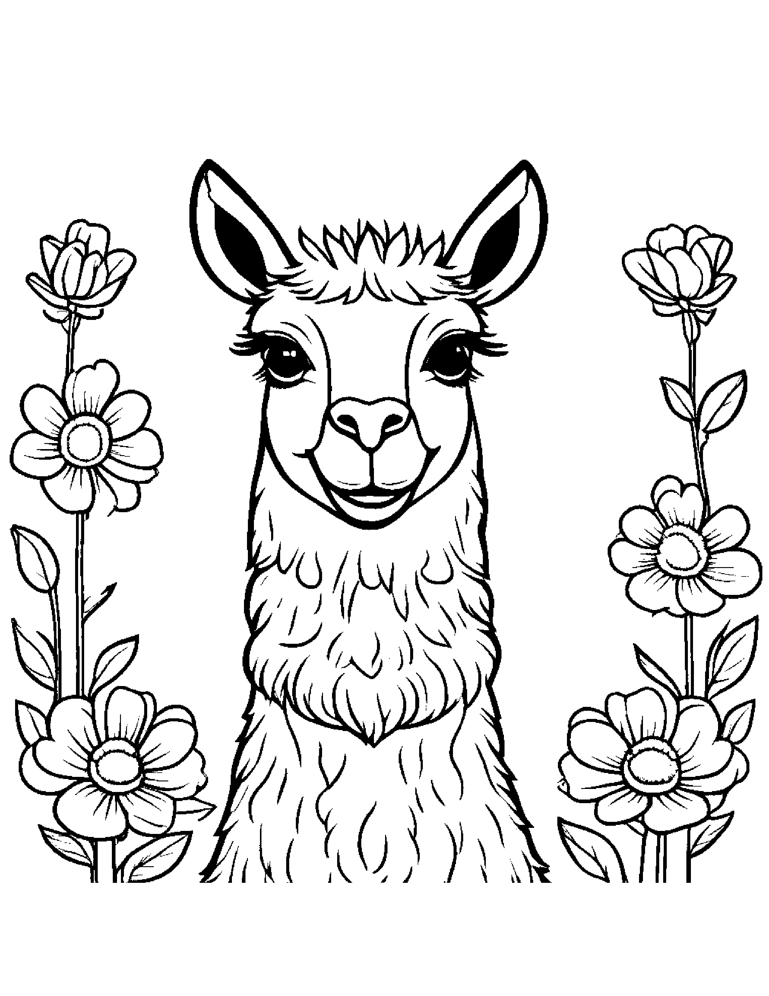 Smiling Llama With A Flower #2 Coloring Page (Free Printable PDF)