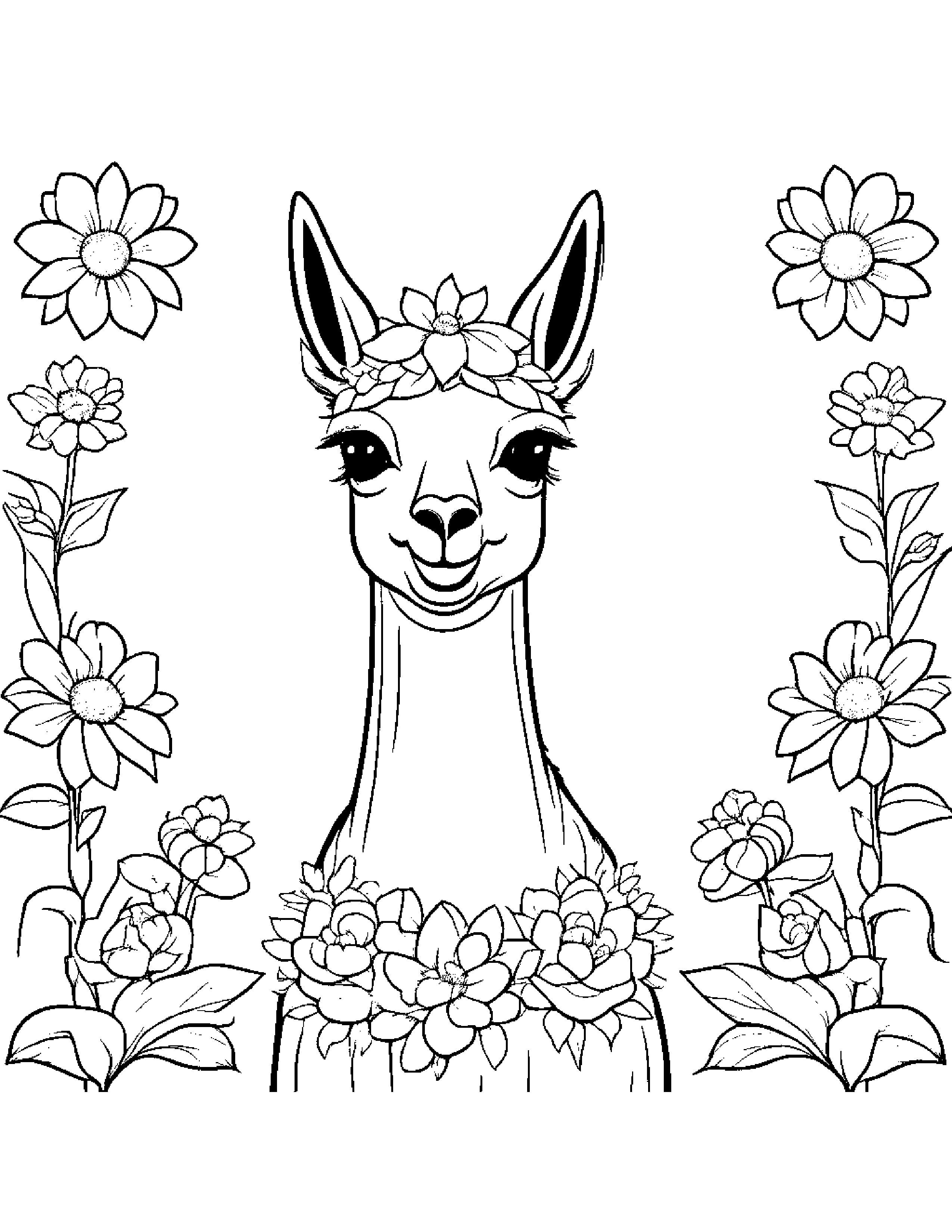 Smiling Llama With A Flower Coloring Page (Free Printable PDF)
