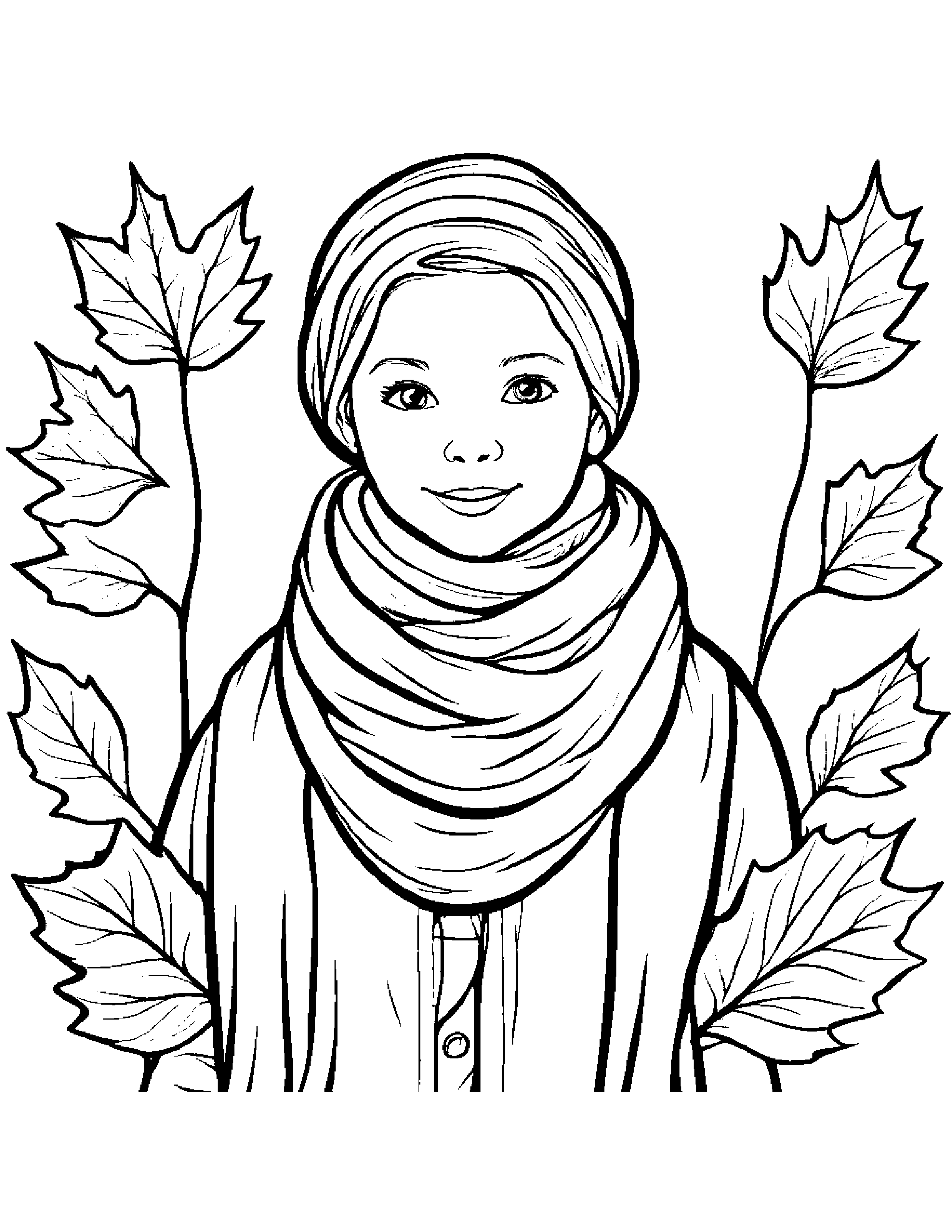 Fall Leaves With Scarf #2 Coloring Page (Free Printable PDF)