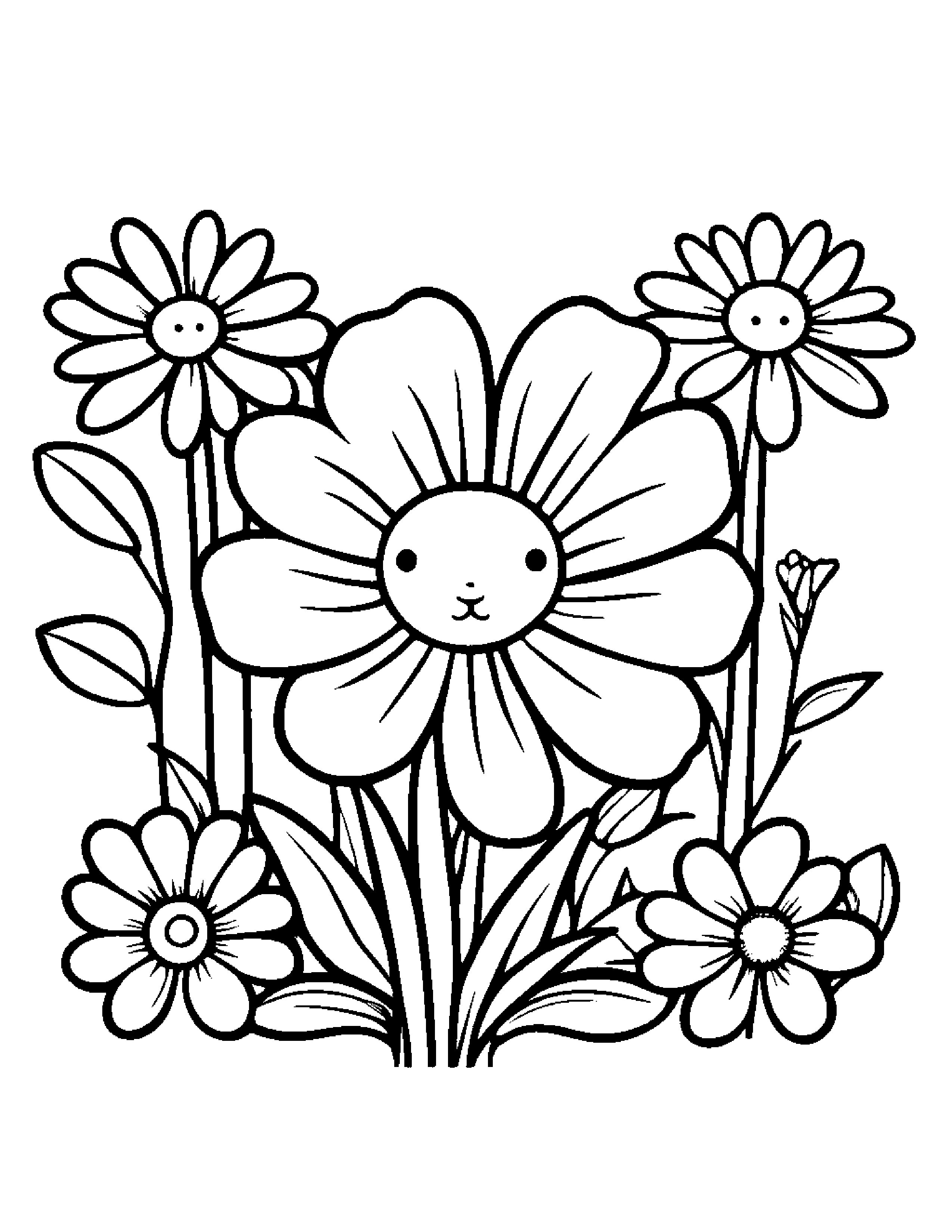 Kawaii Spring Flowers #2 Coloring Page (Free Printable PDF)