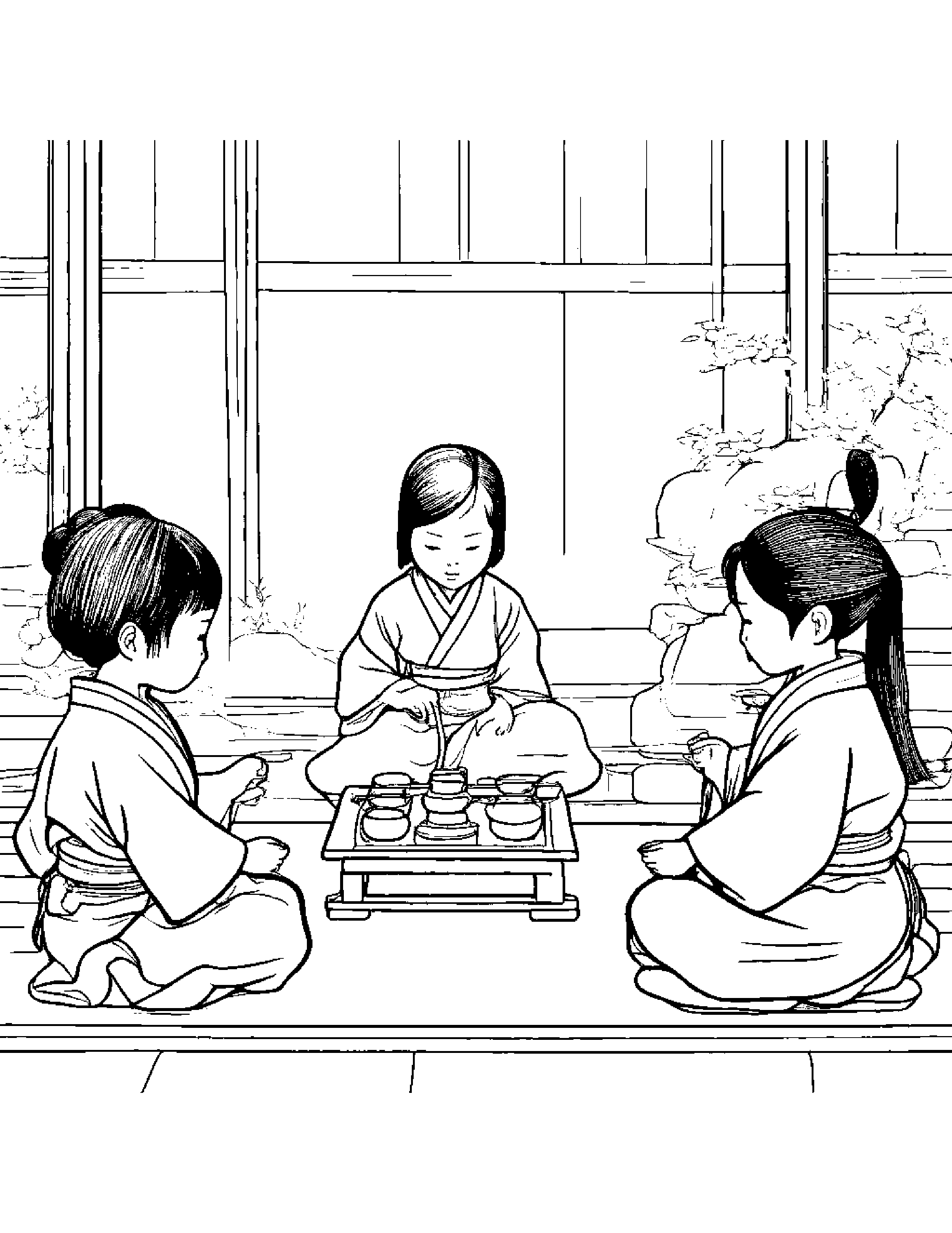 A Group Of Children Performing A Traditional Japanese Tea Ceremony Coloring Page (Free Printable PDF)