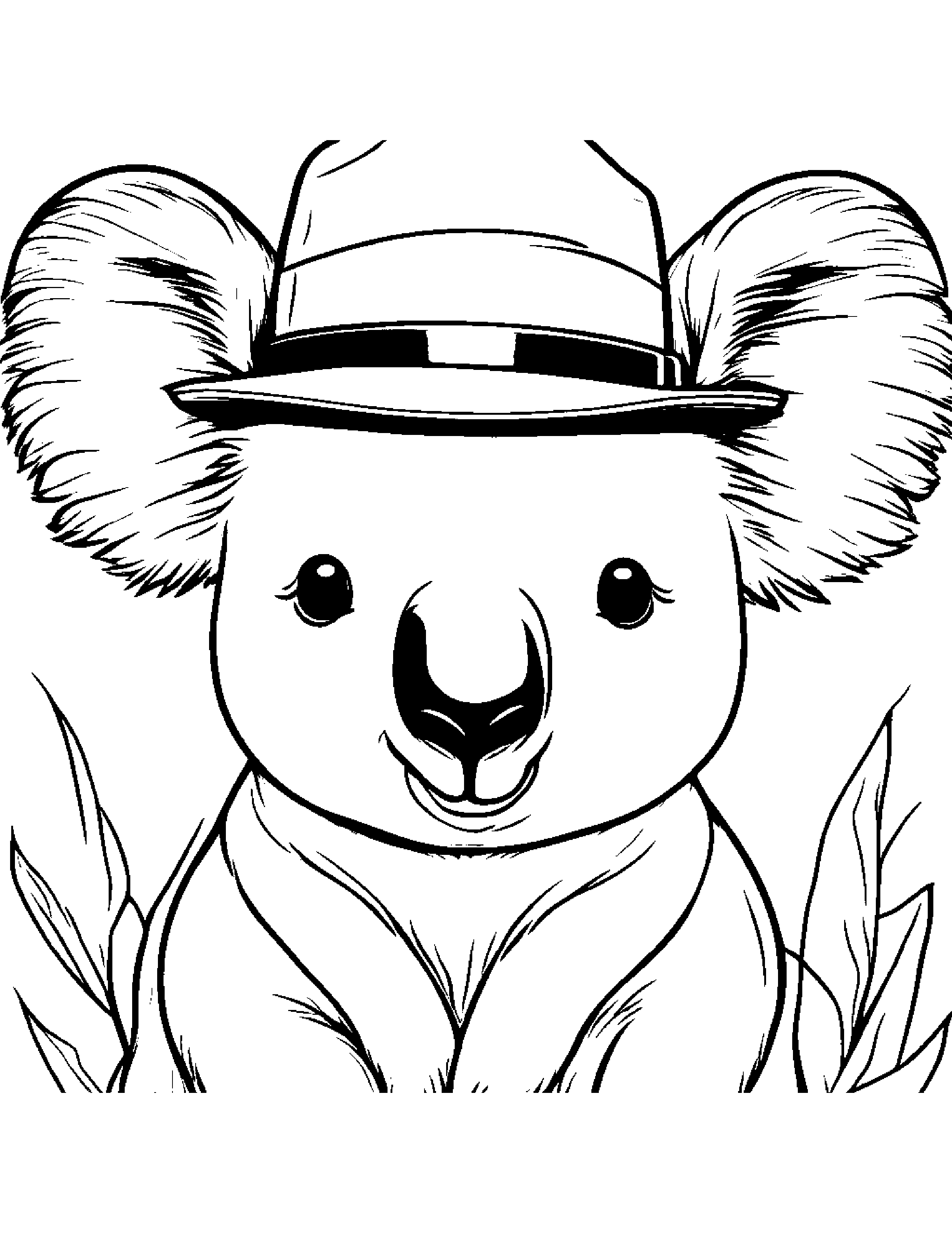 Gentle Koala Wearing A Hat Coloring Page (Free Printable PDF)