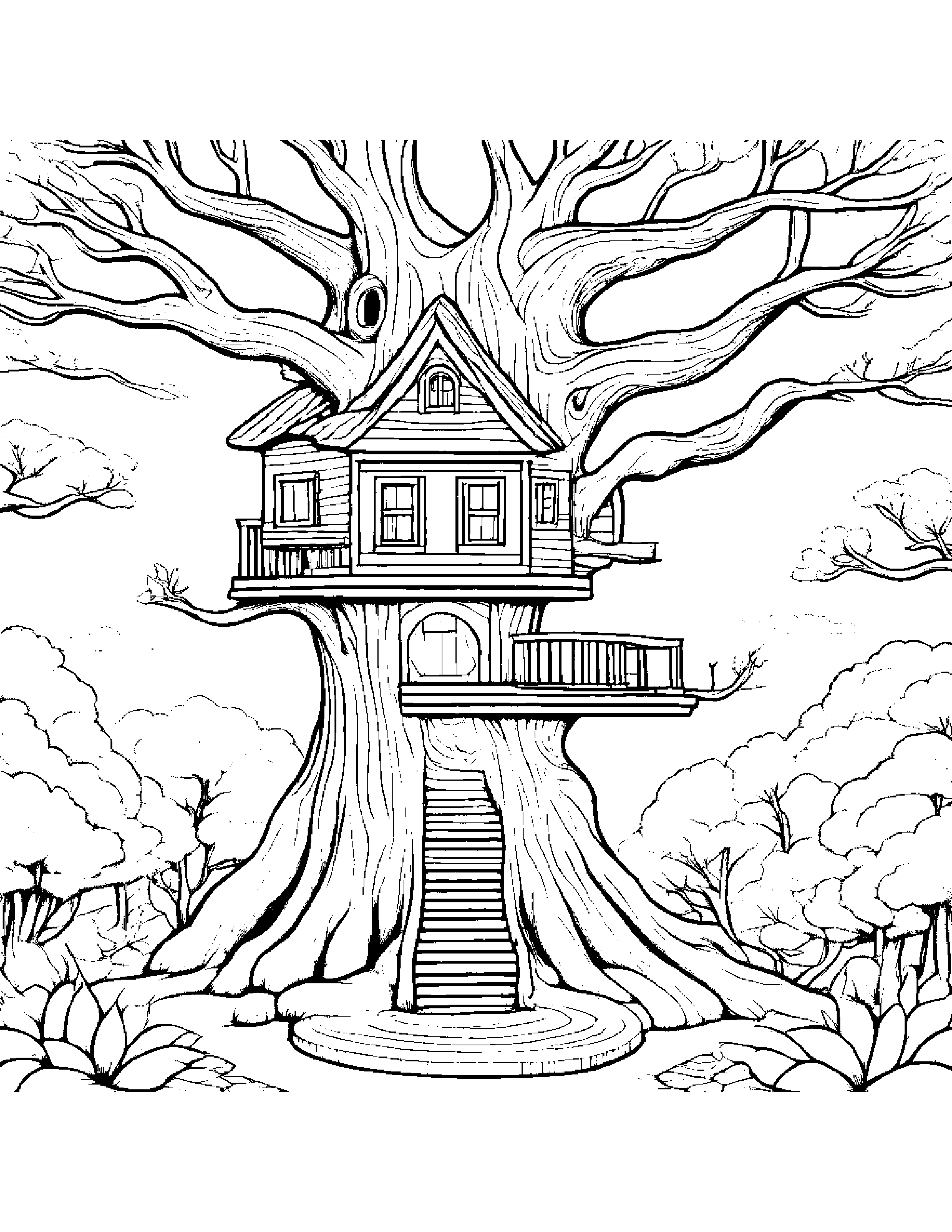 Sleepy Treehouse Coloring Page (Free Printable PDF)