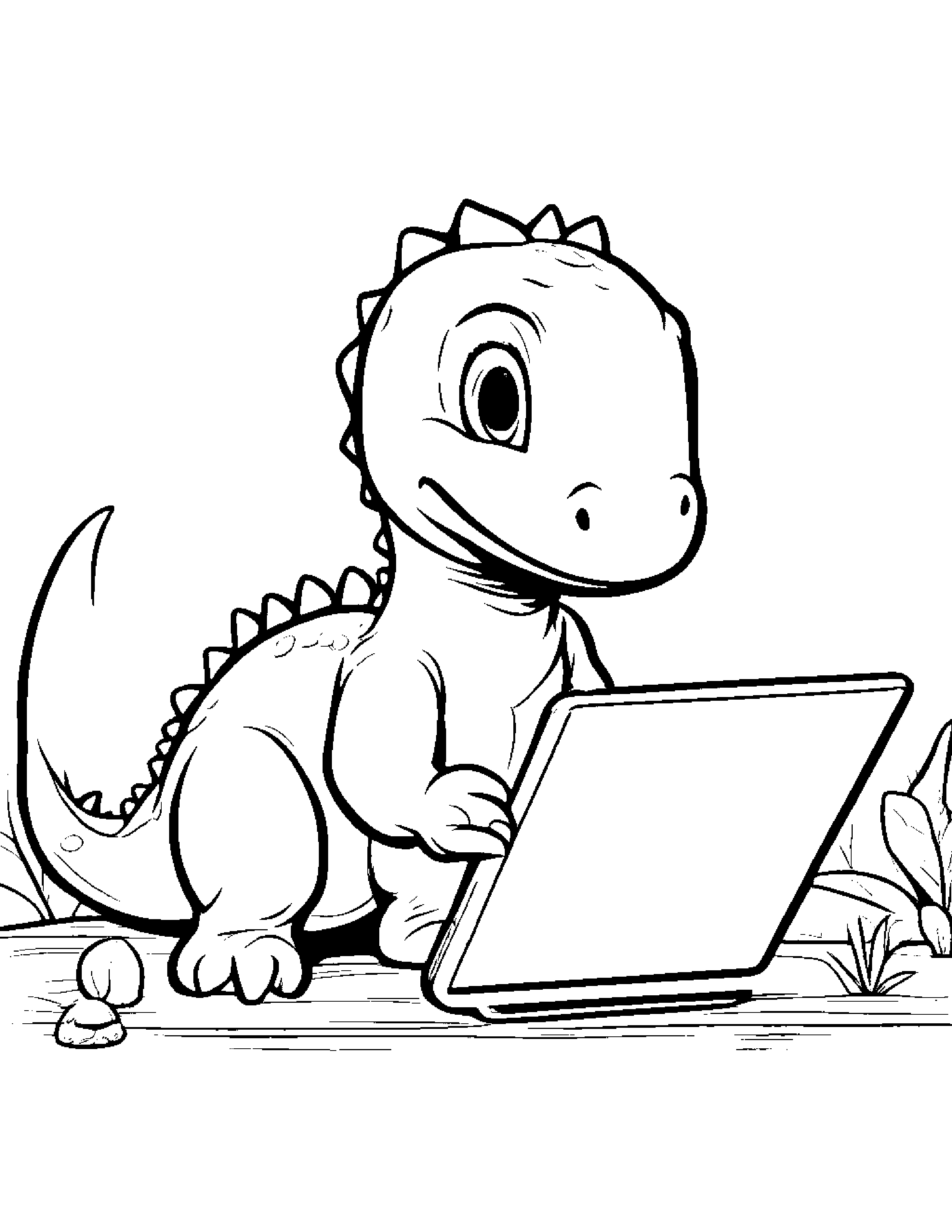 A Baby Dinosaur Playing With A Touchscreen Tablet Coloring Page (Free Printable PDF)