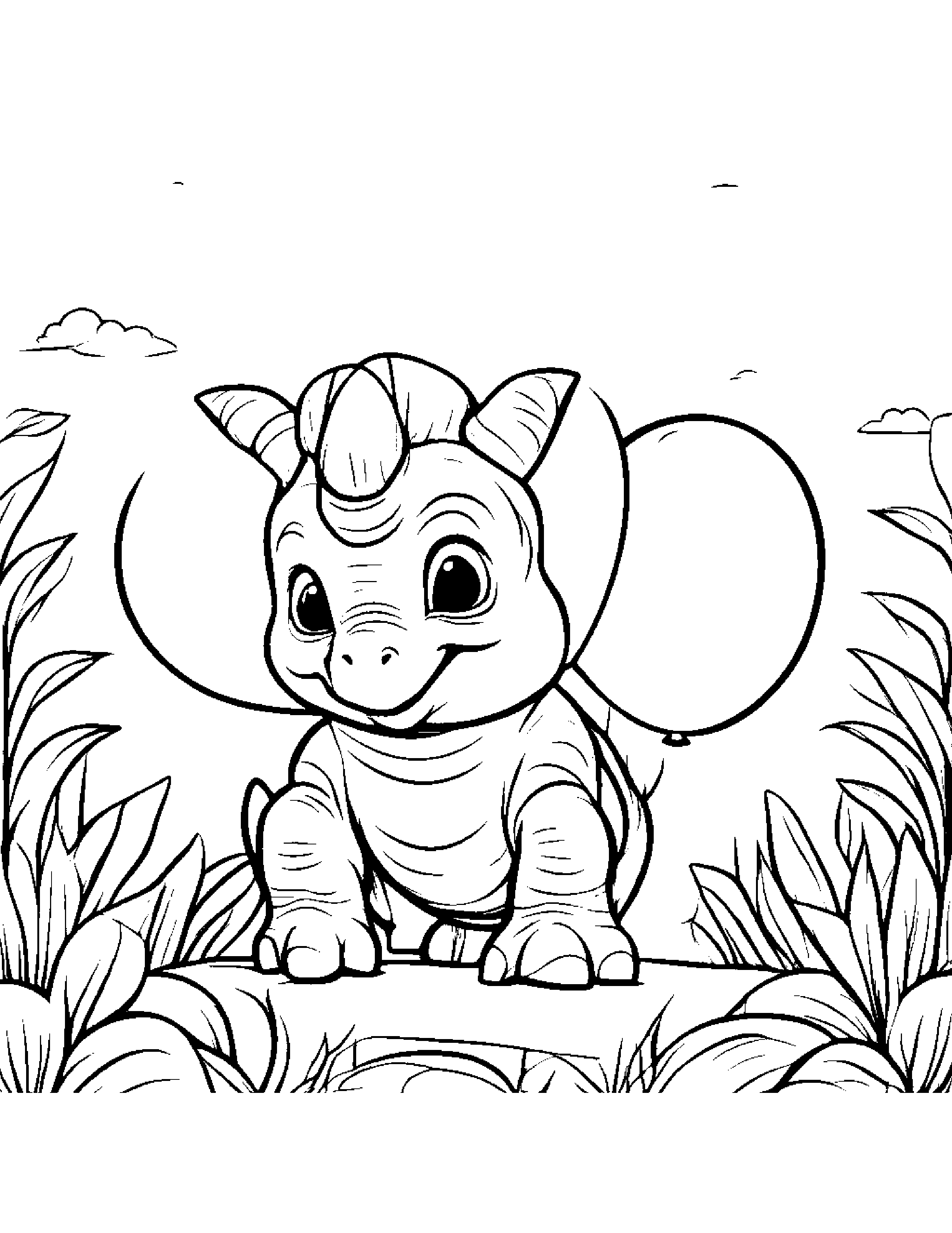 Baby Triceratops With Balloon Coloring Page (Free Printable PDF)