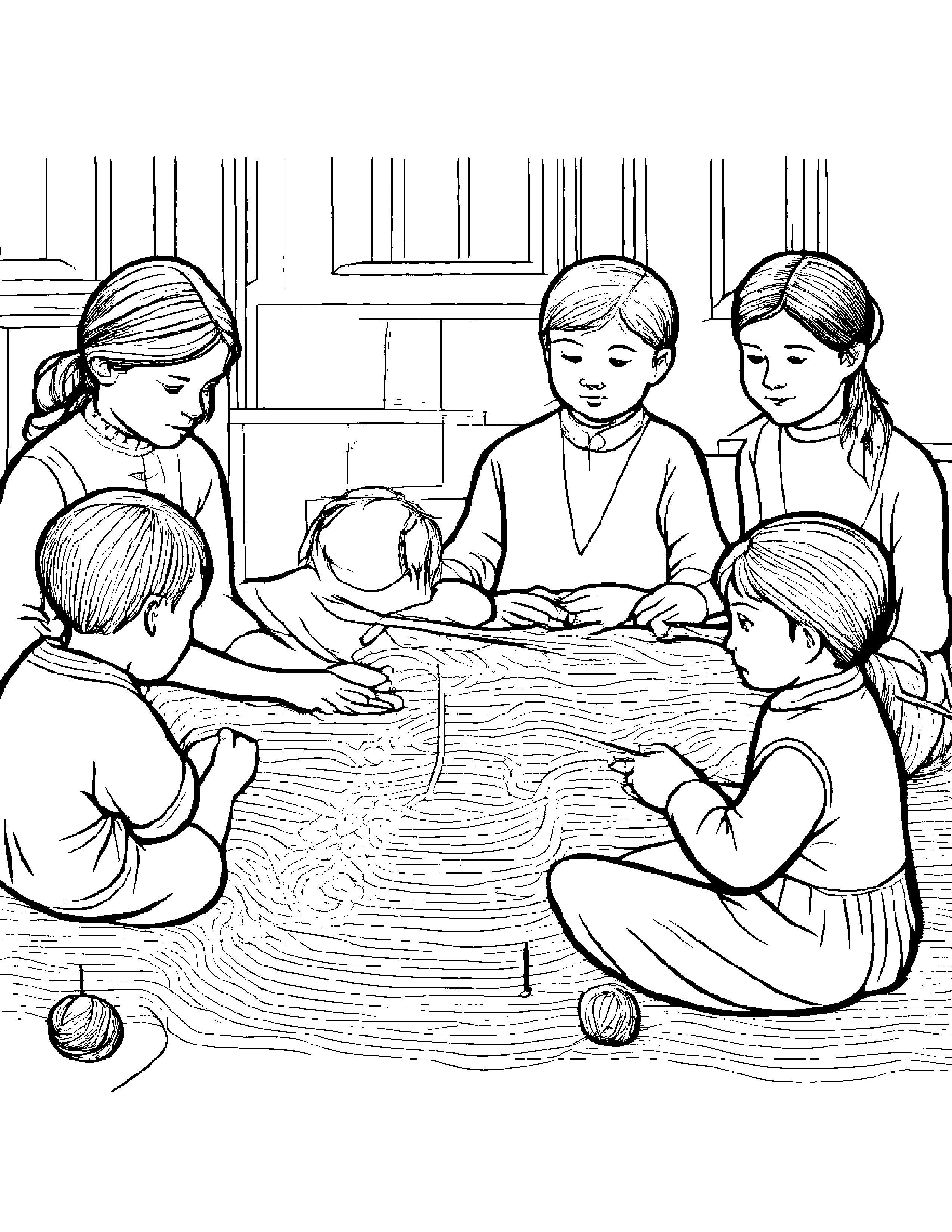 A Group Of Children Learning How To Spin Wool Into Yarn Using A Drop Spindle Coloring Page (Free Printable PDF)