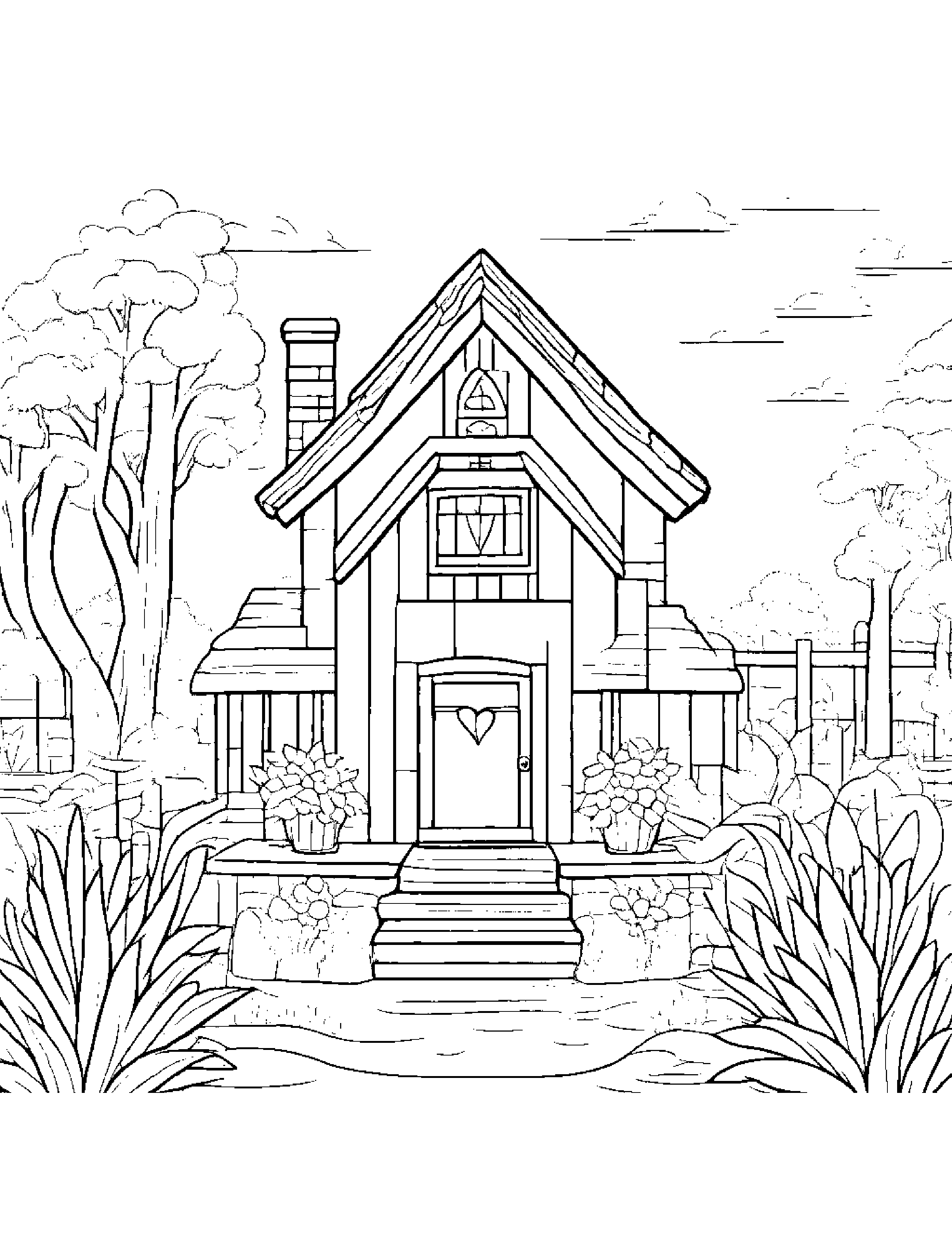 Little Cozy Cottage Hugging A Heart Coloring Page (Free Printable PDF)