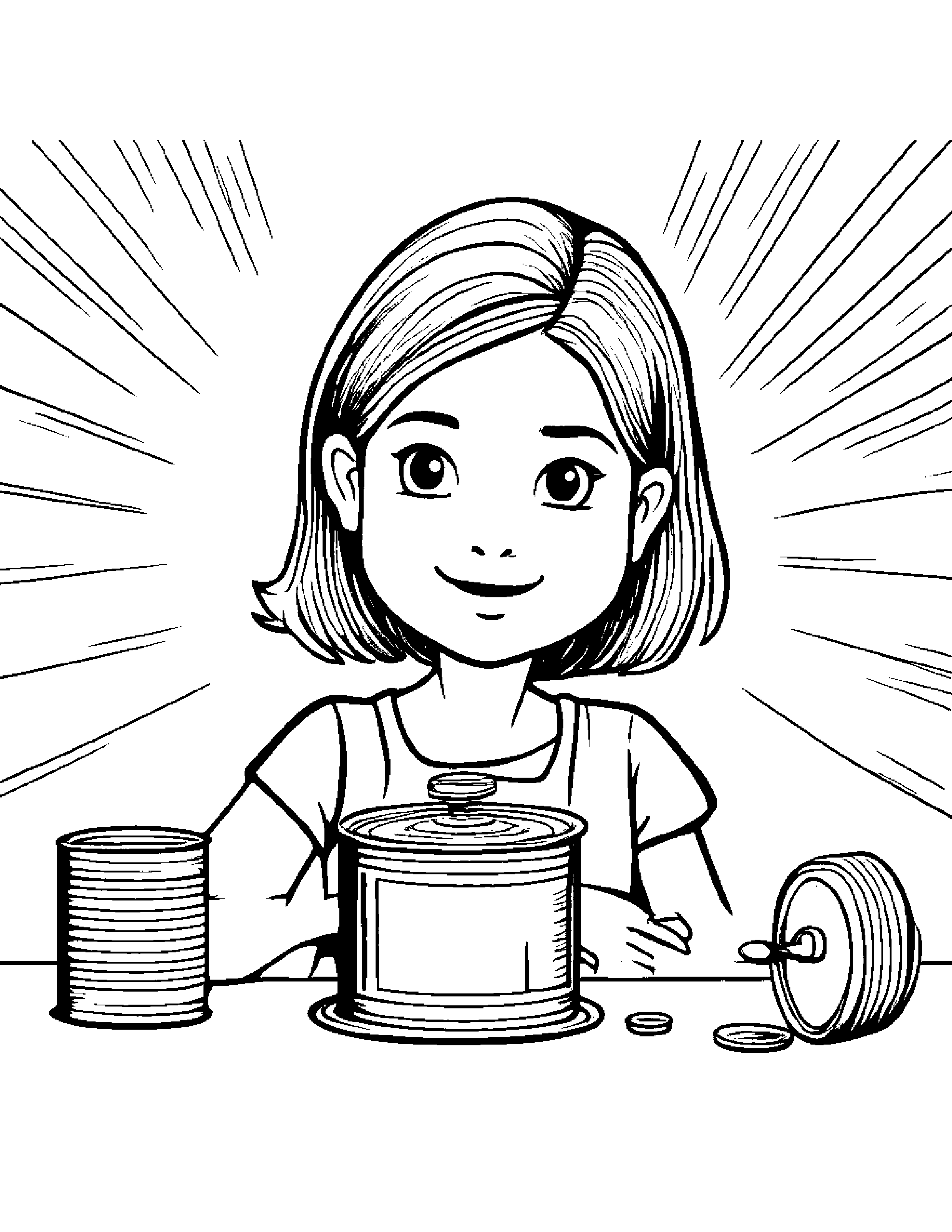 A Girl Spinning A Top Made From A Recycled Tin Can Coloring Page (Free Printable PDF)