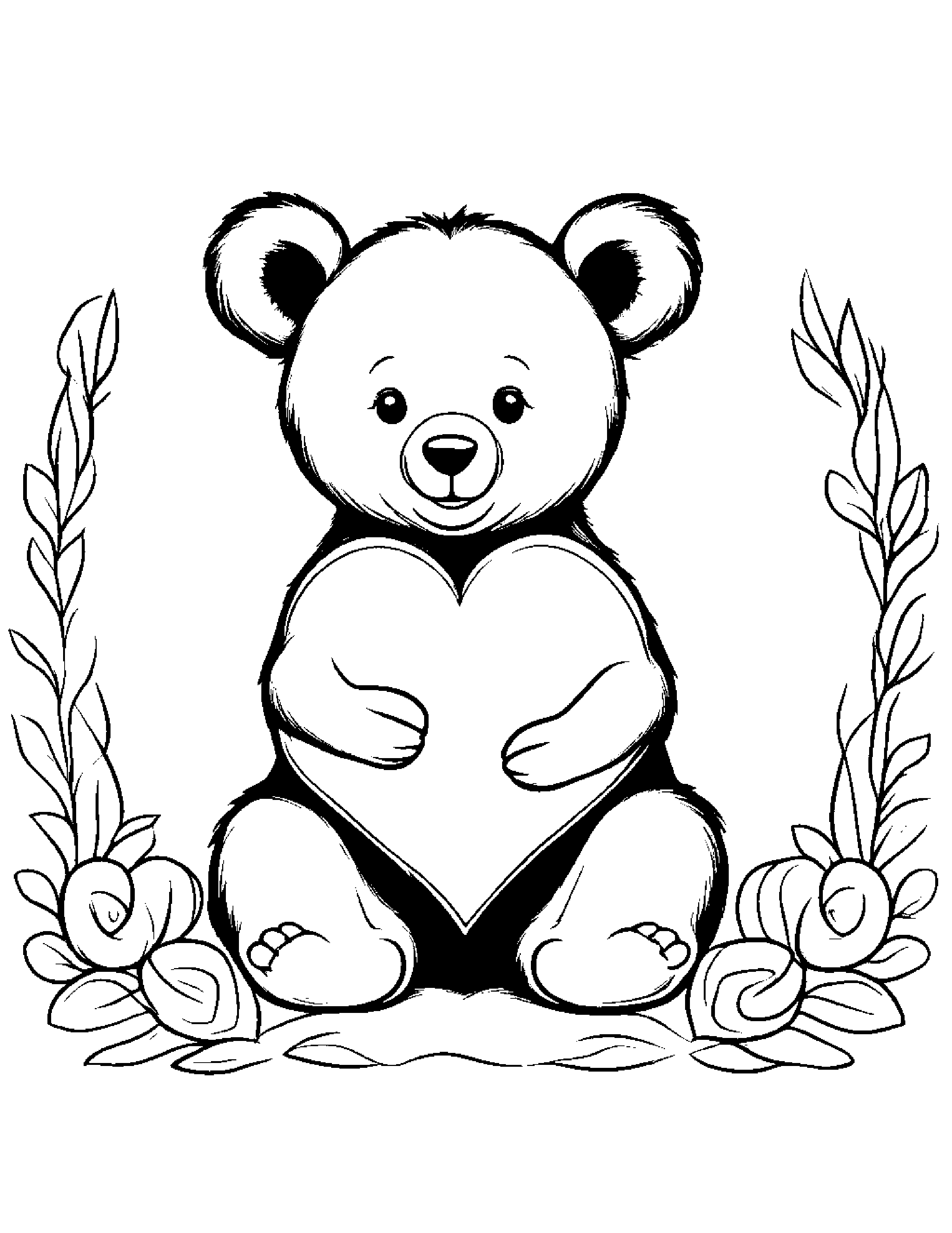 Gentle Bear Cub Hugging A Heart #2 Coloring Page (Free Printable PDF)