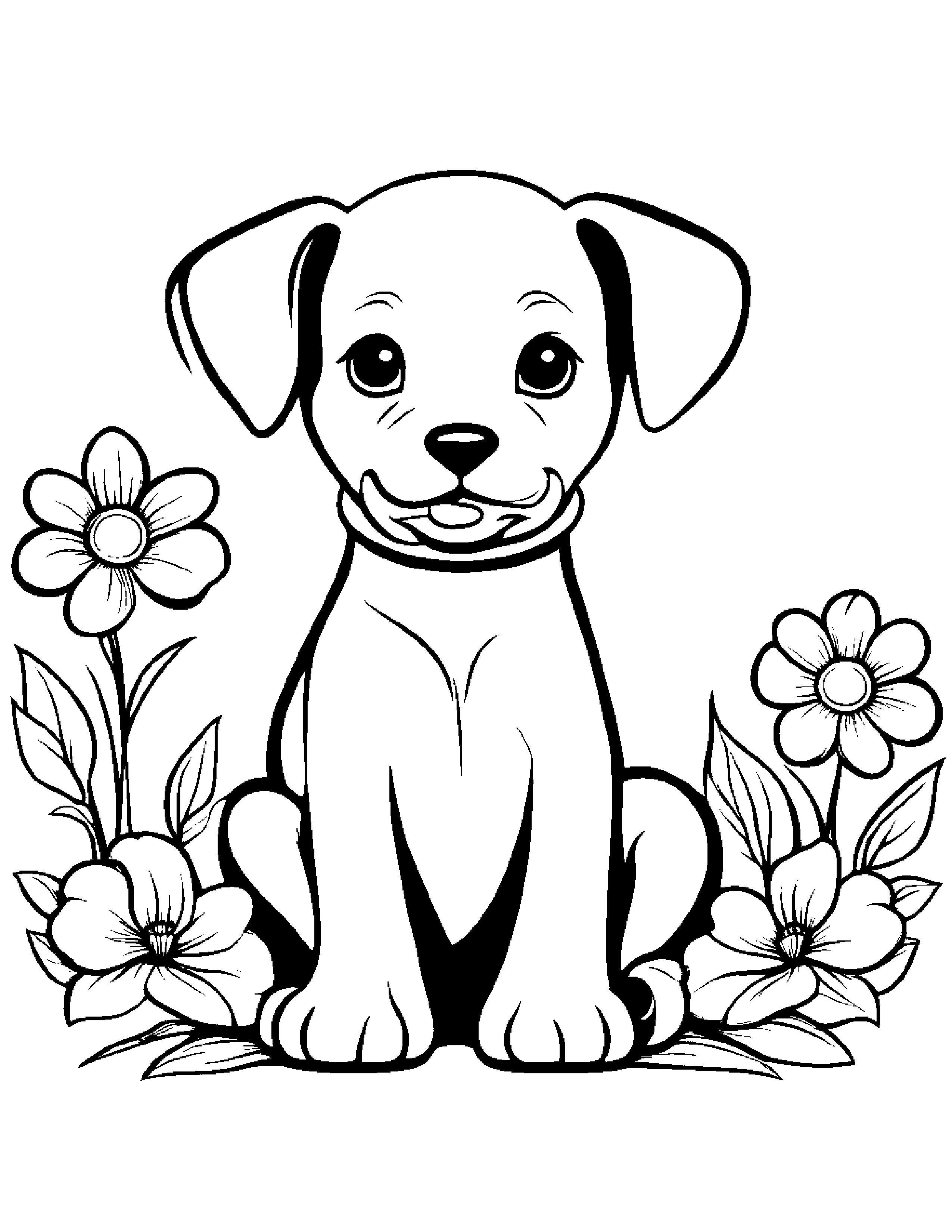 Puppy With A Flower #2 Coloring Page (Free Printable PDF)